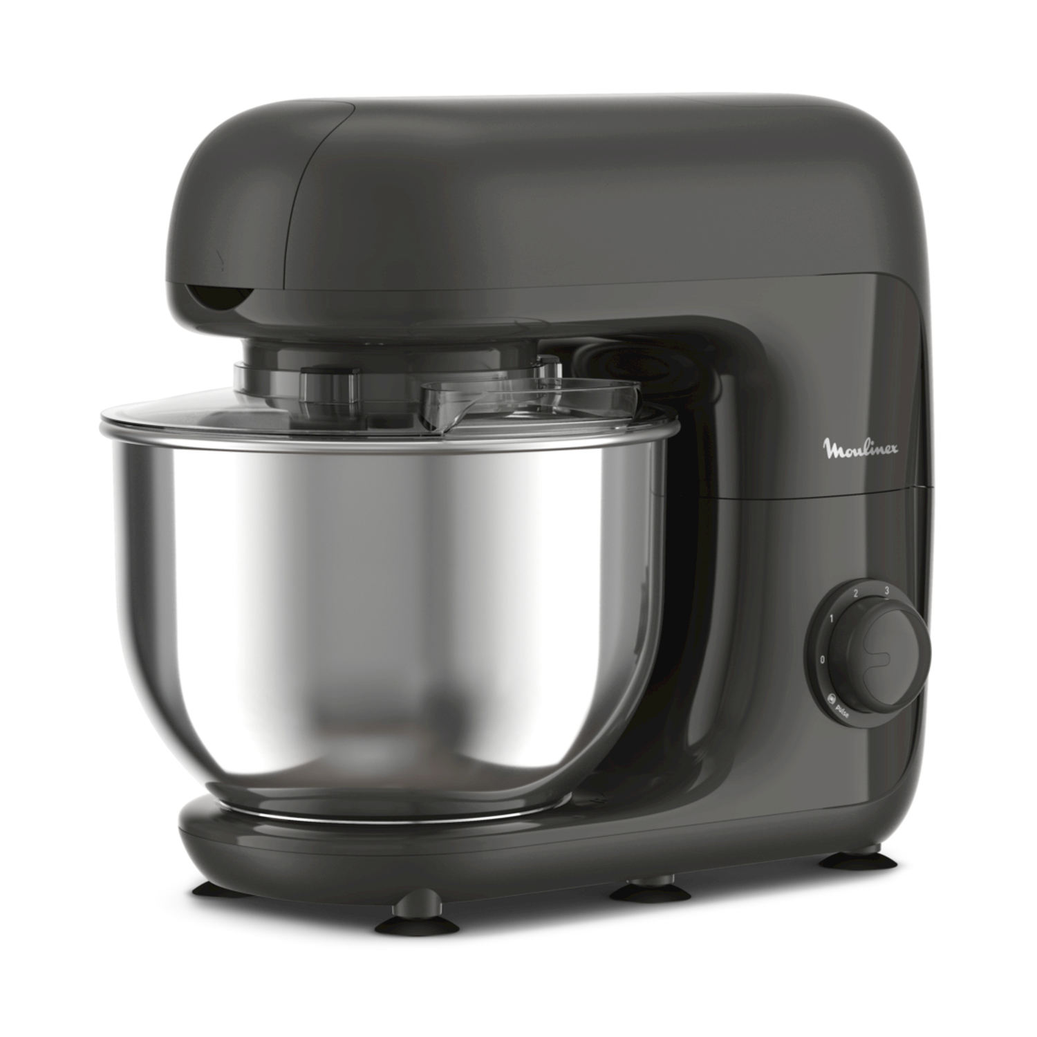 Un robot da cucina Moulinex grigio scuro. Ha una ciotola in acciaio inox e un controllo della velocità.