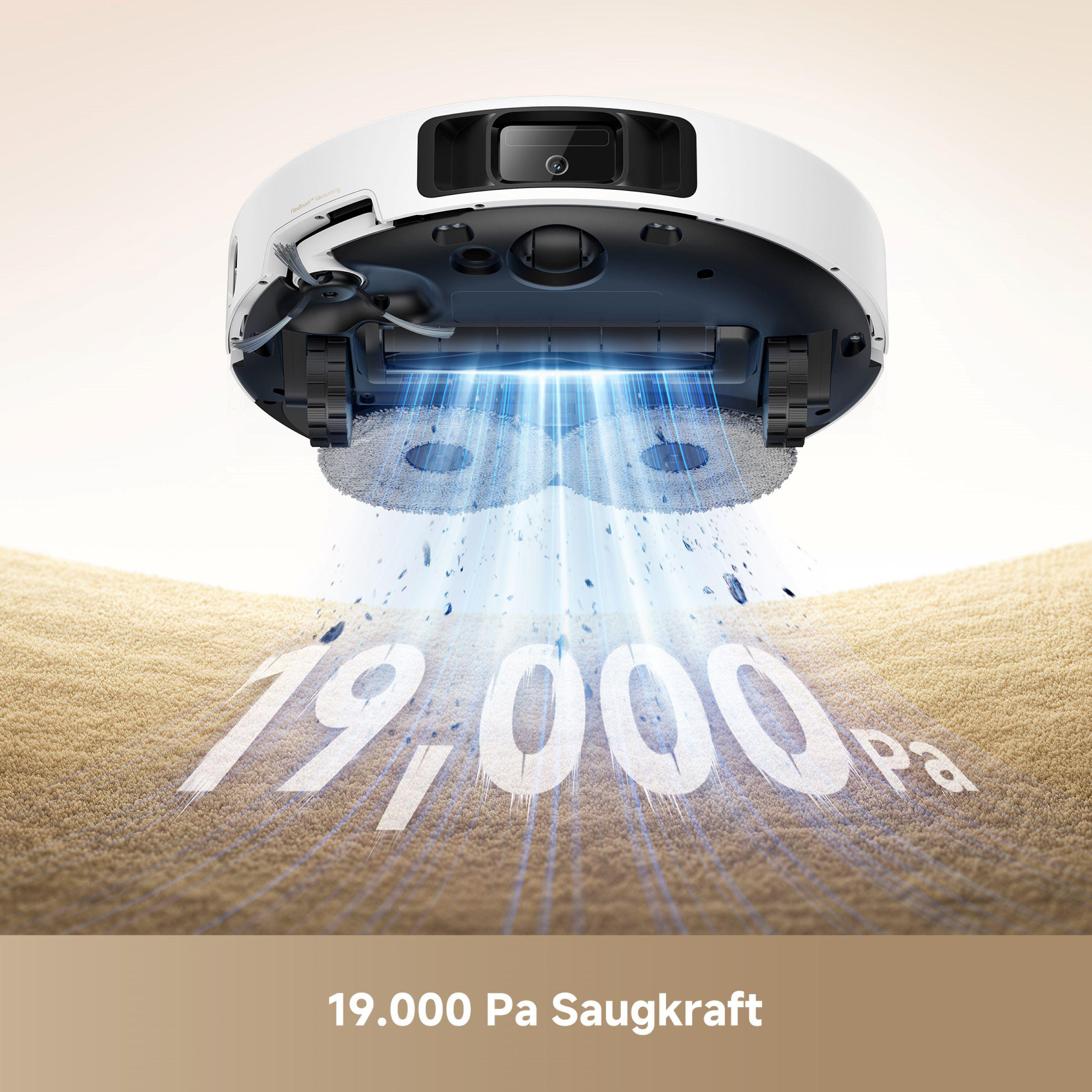 Roboter-Staubsauger auf Sand, mit Saugkraft-Text und Lichtstrahlen.