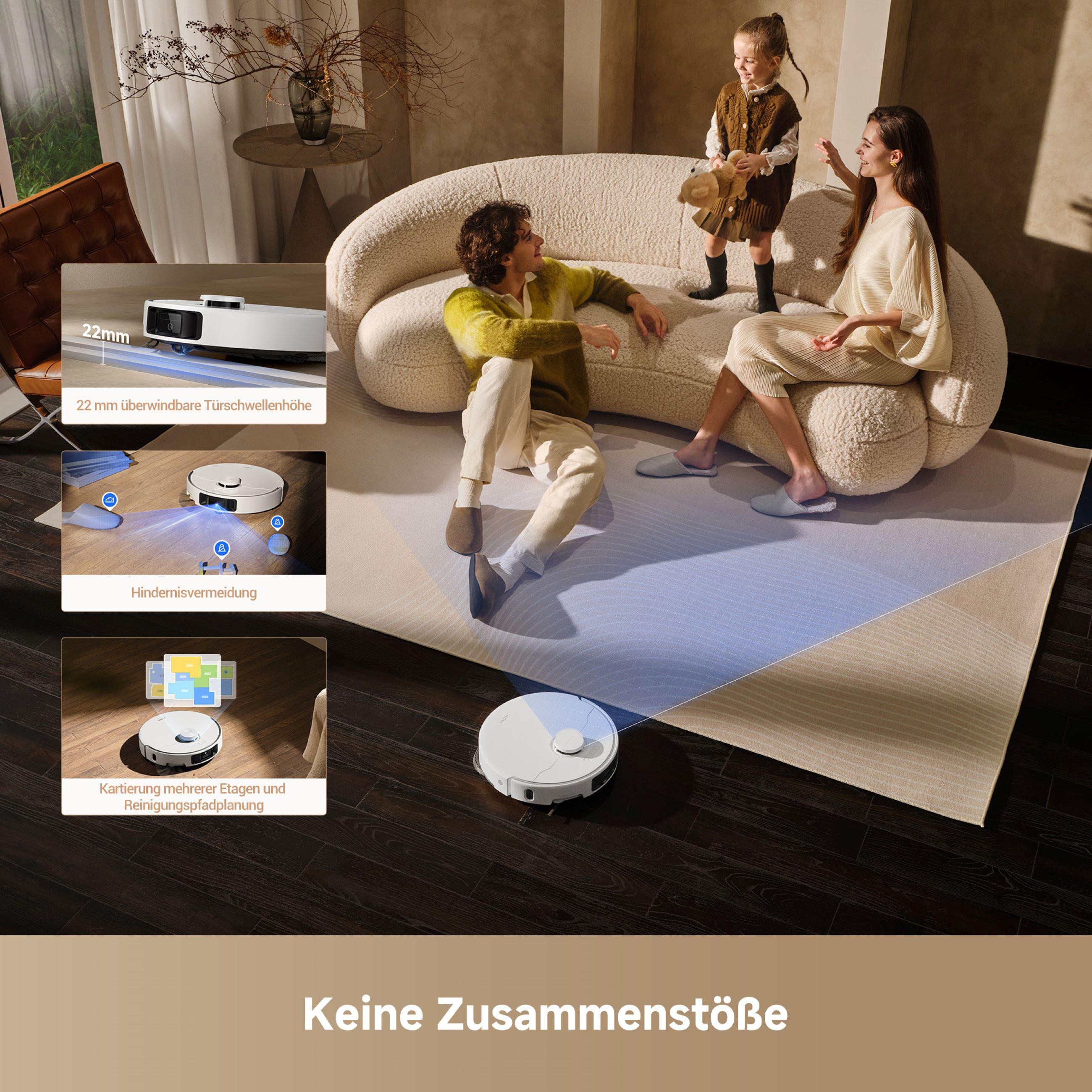 Familie im Wohnzimmer, Roboter-Staubsauger und Produktdetails in den Ecken.