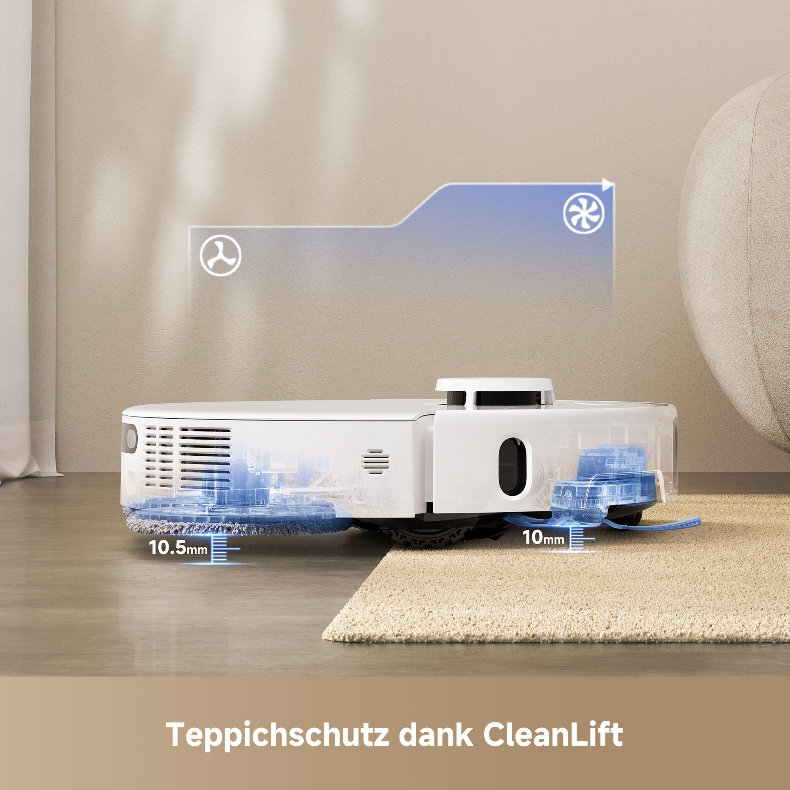 Weißer Roboter-Staubsauger reinigt einen beigen Teppich. Das Bild zeigt den Reinigungsmechanismus.