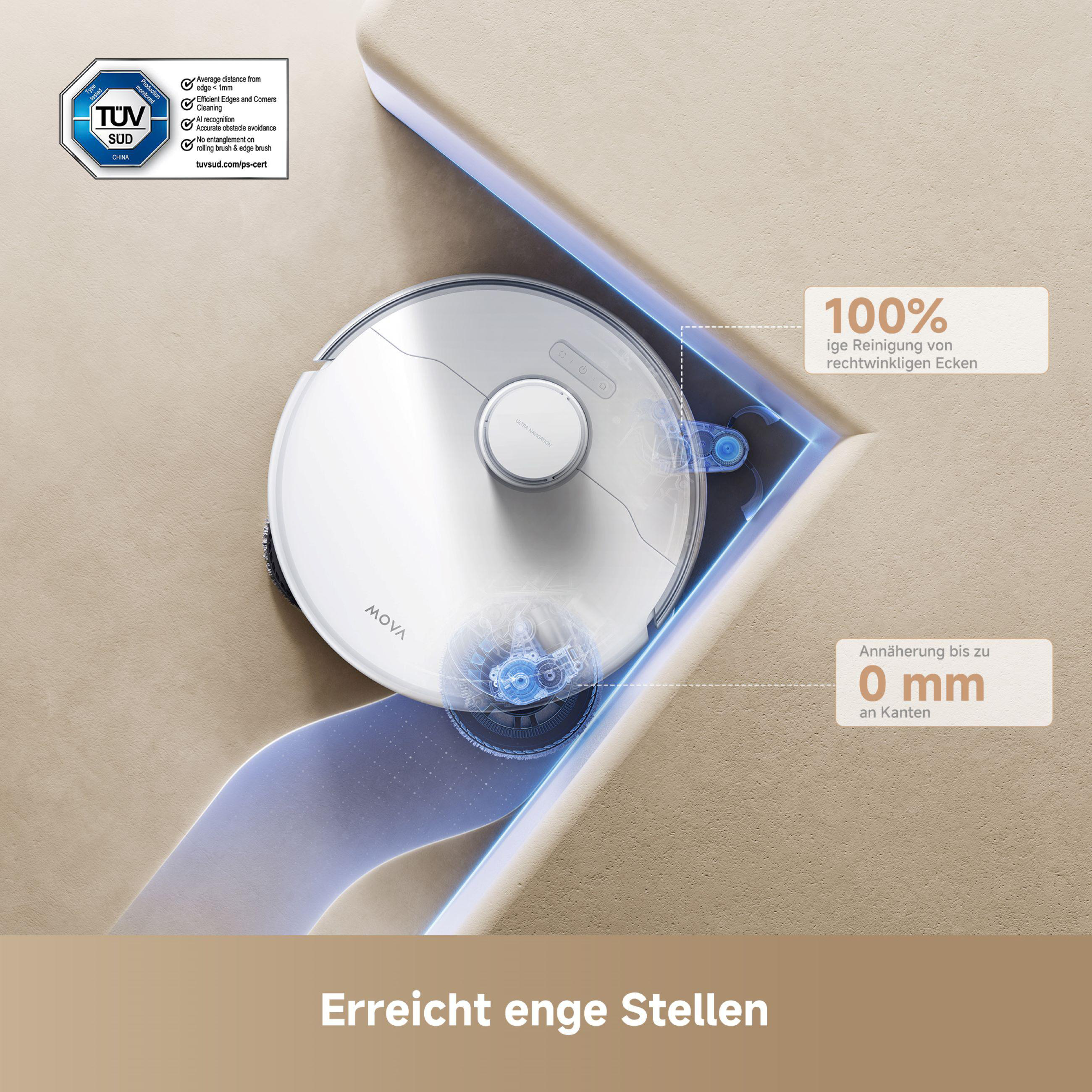 Weißer Roboter-Staubsauger in einer Ecke. Text deutet auf effektive Eckensauberkeit hin.