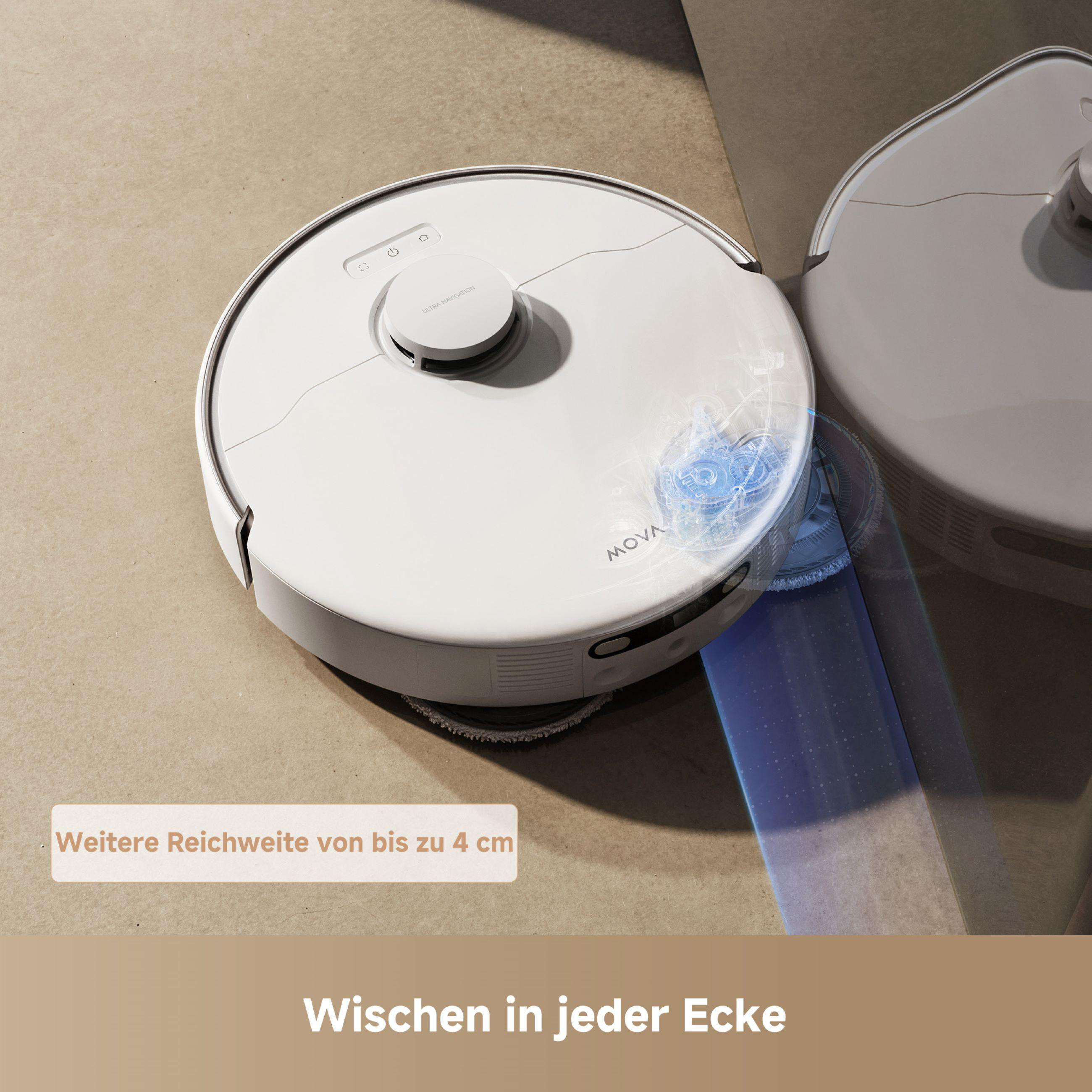 Roboter-Staubsauger, weiß, reinigt den Boden. Text: 'Wischen in jeder Ecke'.