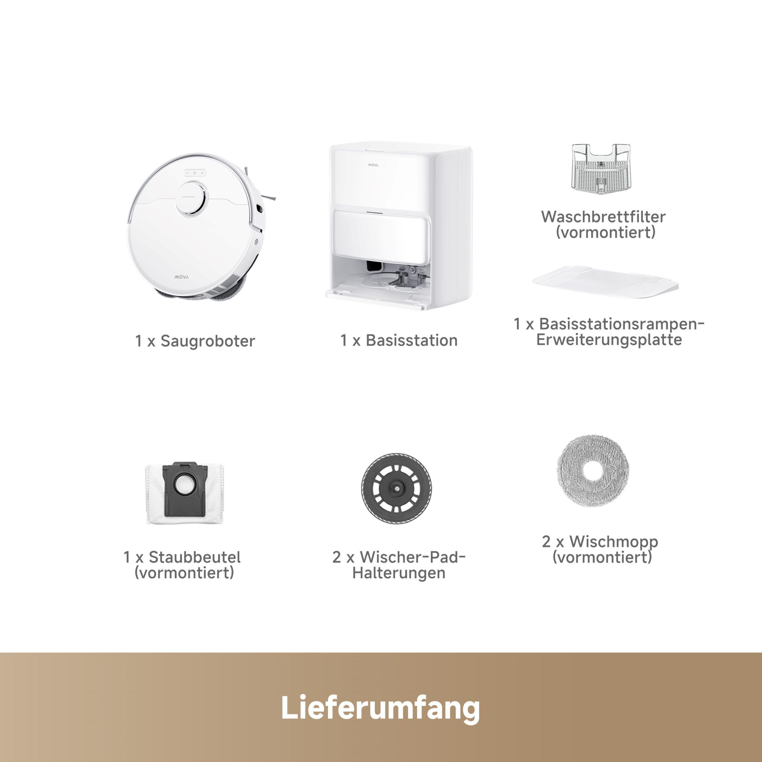Ein Roboter-Staubsauger und sein Zubehör, darunter eine Basisstation, ein Staubbeutel und Wischmopps.