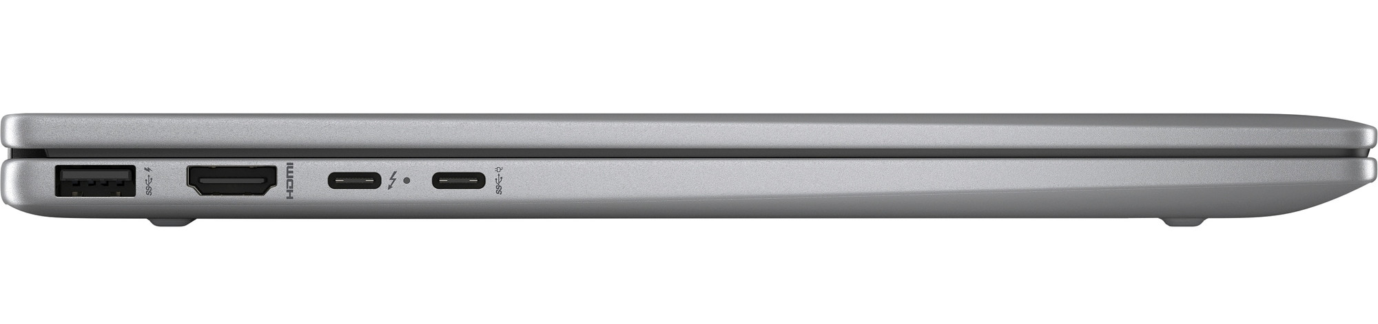 Widok z boku srebrnego laptopa z portami: USB, HDMI, Thunderbolt i USB-C.