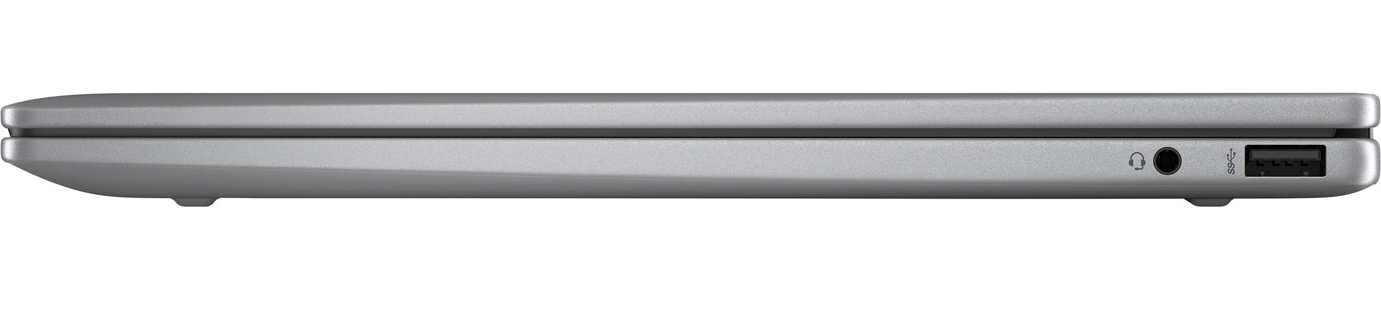 Widok z boku srebrnego laptopa z portami dla słuchawek i USB.