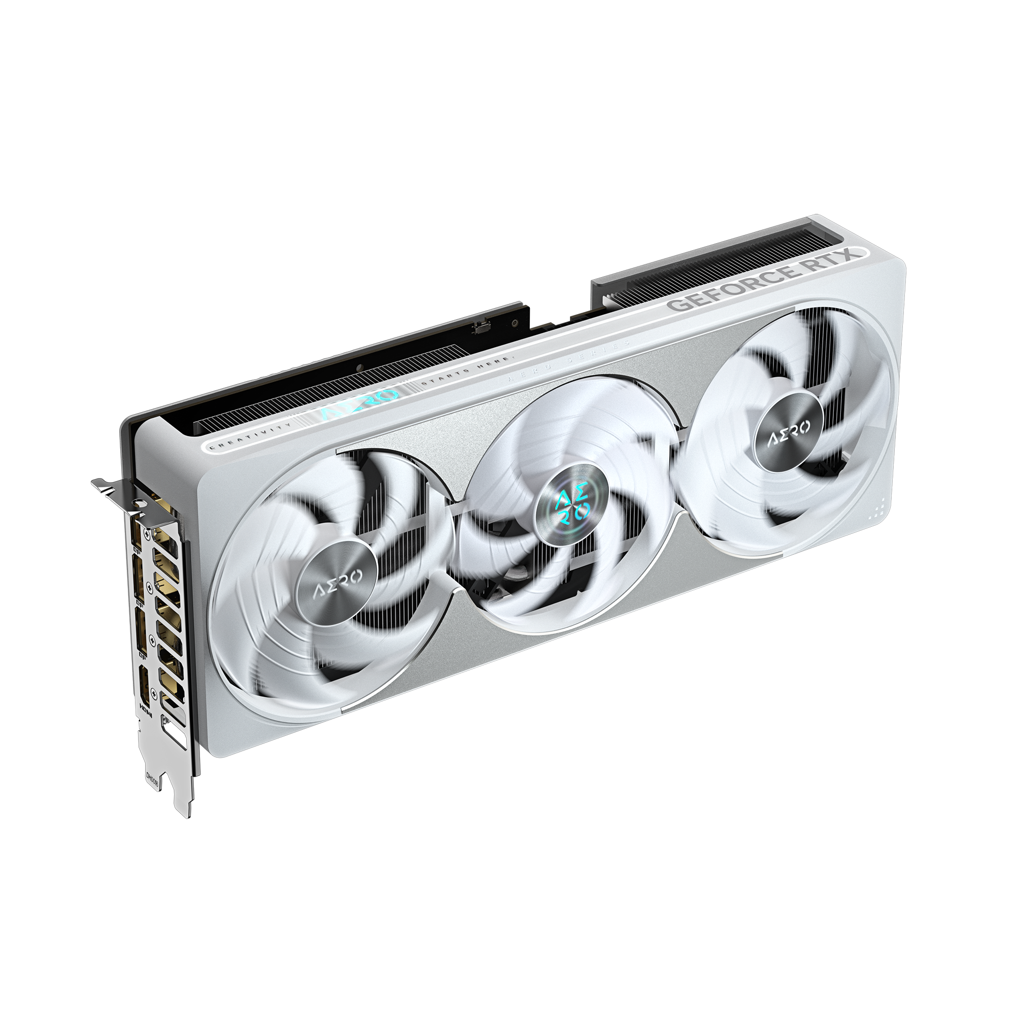 Eine weiße Grafikkarte mit drei Lüftern. Silberne Akzente und das GeForce RTX-Logo sind sichtbar.