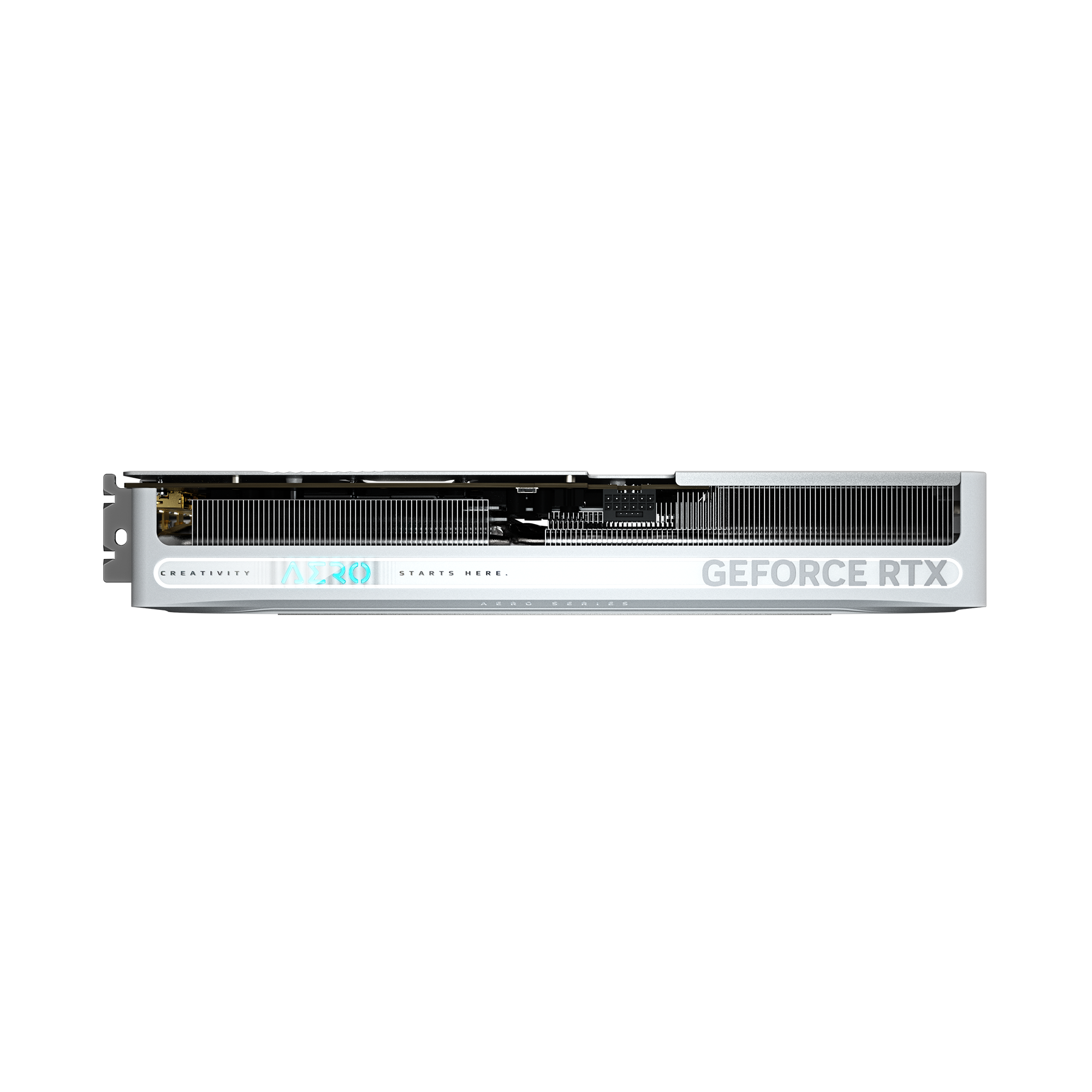 Eine weiße und silberne Grafikkarte mit dem Wort 'GEFORCE RTX'.