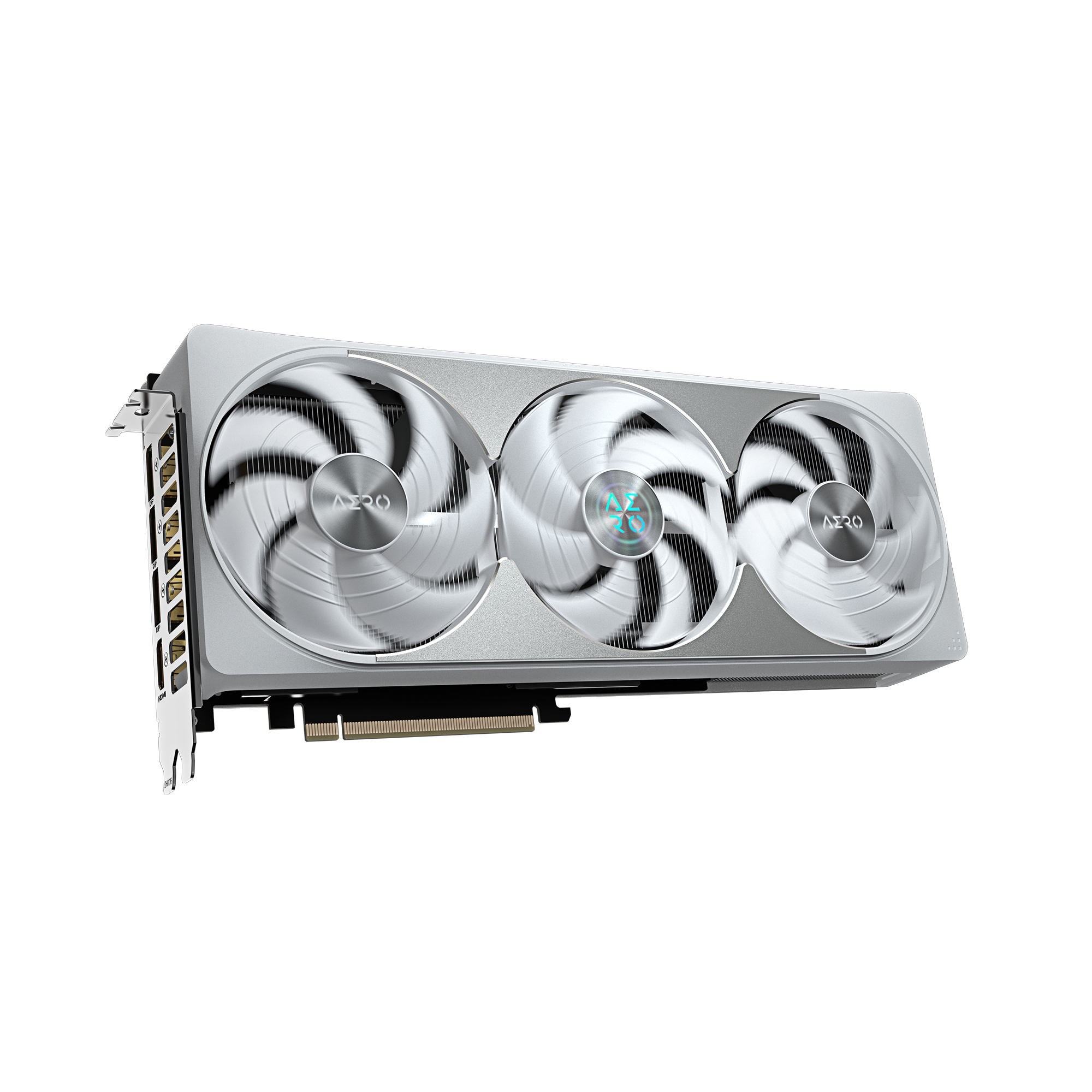 Silberne GPU mit drei Lüftern. Lüfter haben das 'AERO'-Logo. Auf weißem Hintergrund.