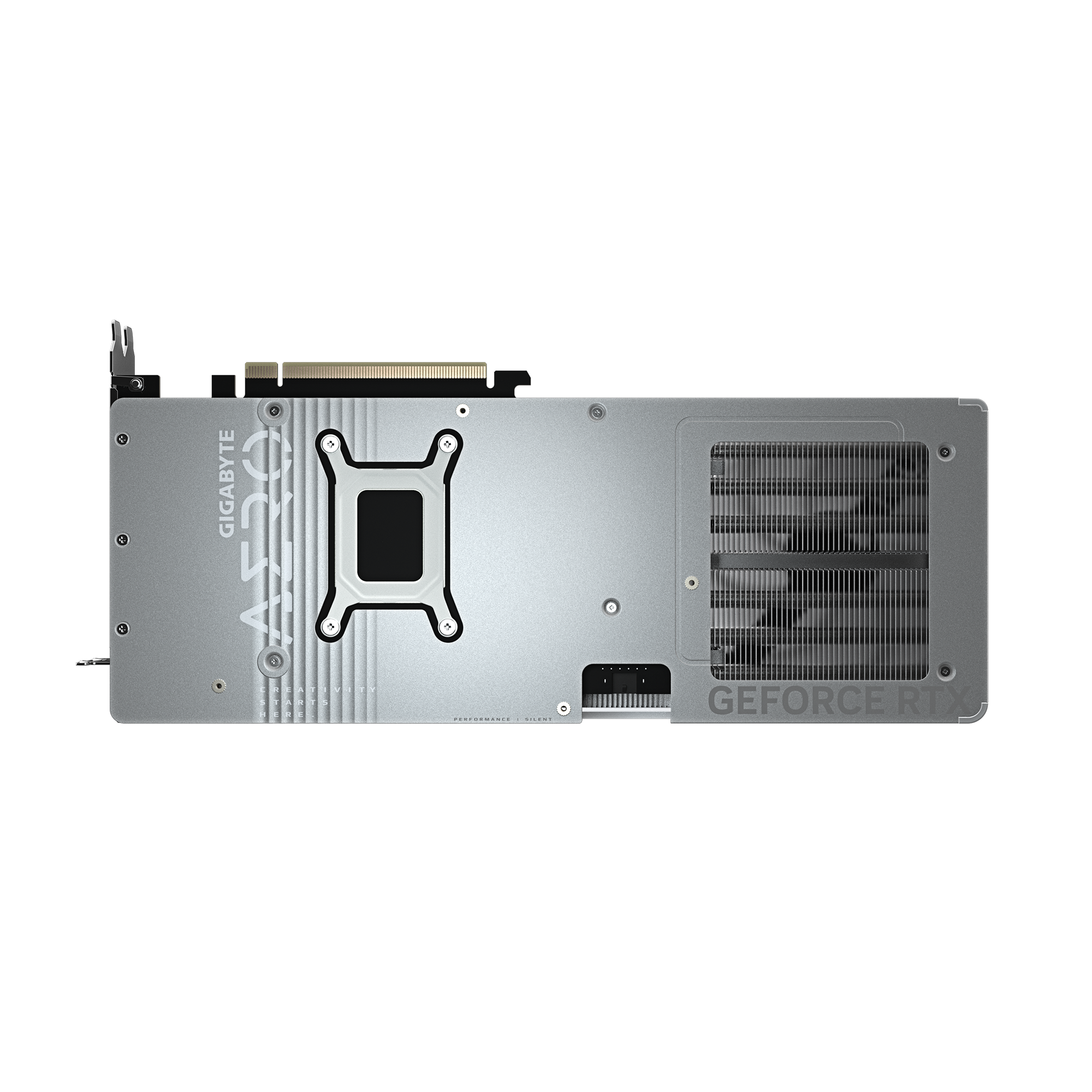 Silberne GPU-Rückplatte. Schwarze Lüfter und "GeForce RTX"-Etikett. Gigabyte AERO-Branding. Schwarzer Hintergrund.