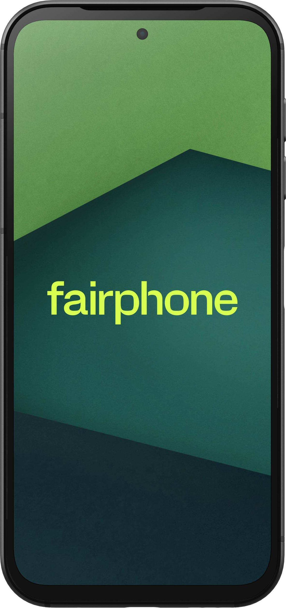 Smartphone mit grünem und dunkelgrünem abstrakten Hintergrund. Fairphone-Logo in Gelb sichtbar.