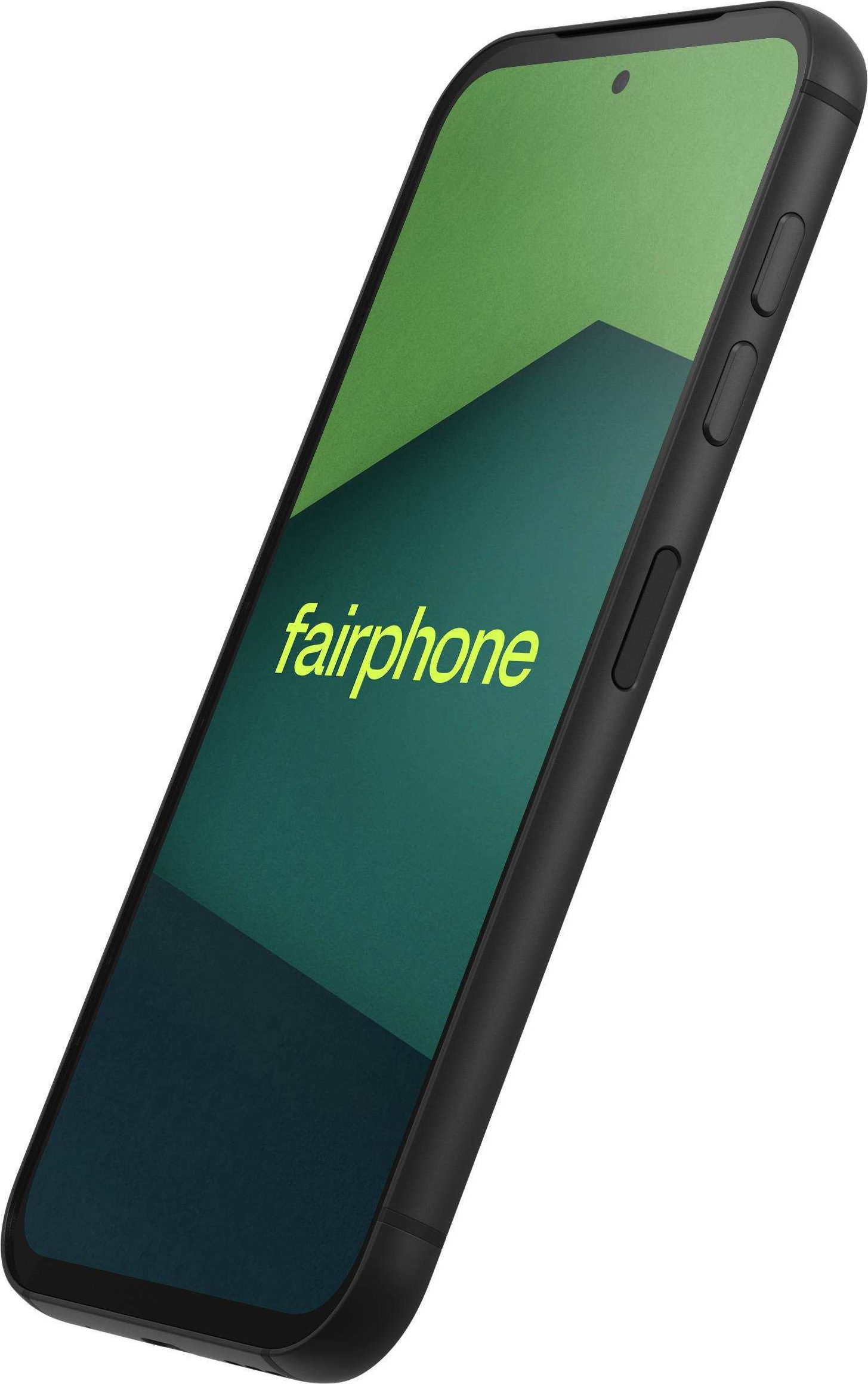 Ein Fairphone, schwarz mit grünem und dunkelgrünem Display, in einem Winkel gehalten.