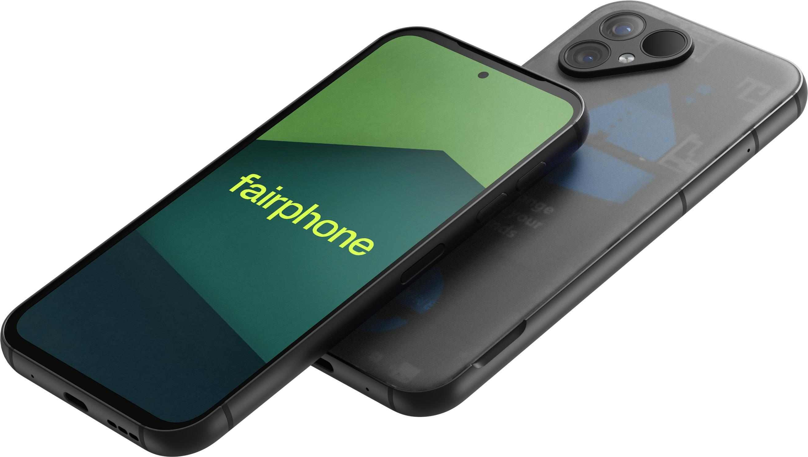 Zwei Fairphone-Smartphones, eines mit grünem und schwarzem Bildschirm.