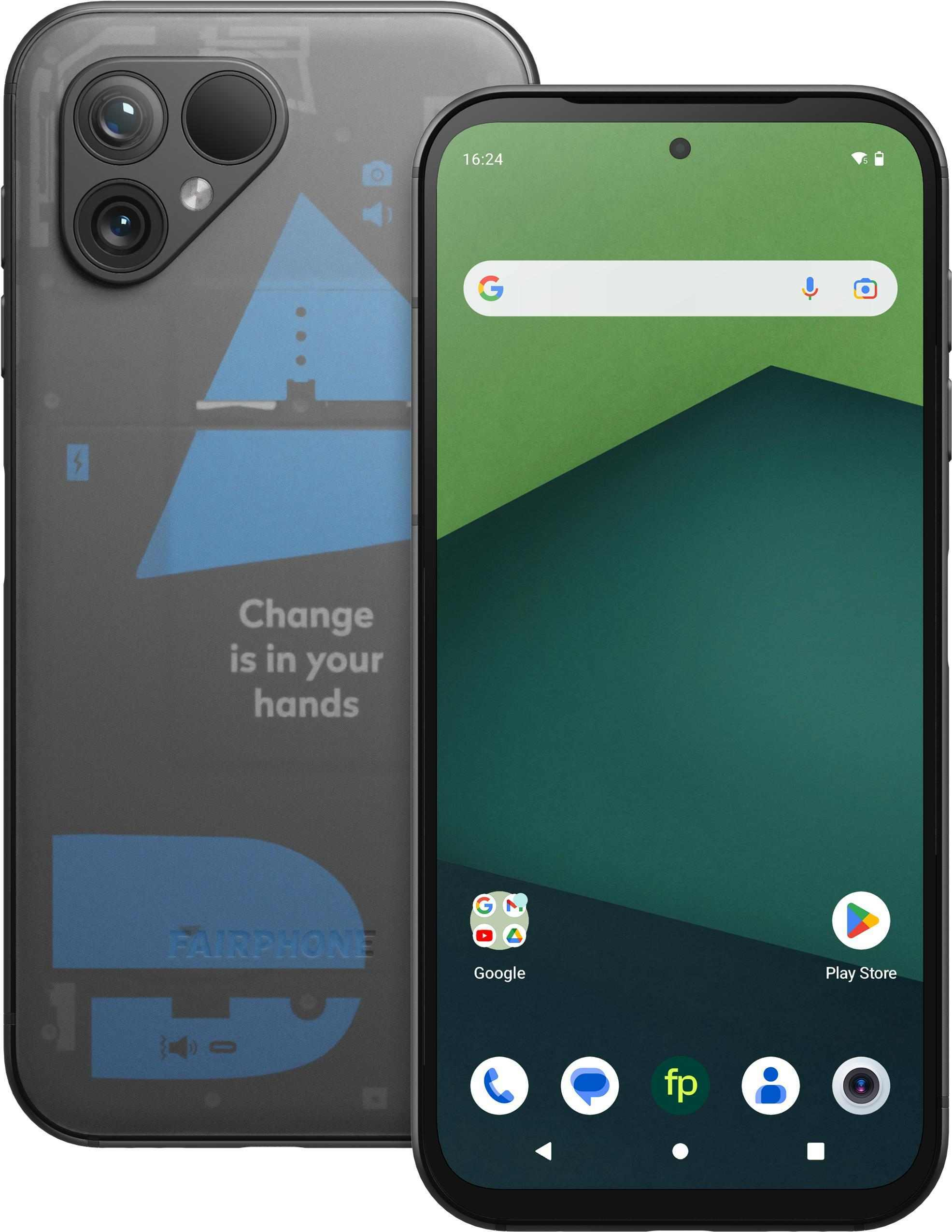 Fairphone, Vorder- und Rückansicht, schwarzer Rahmen, grüner Hintergrund.