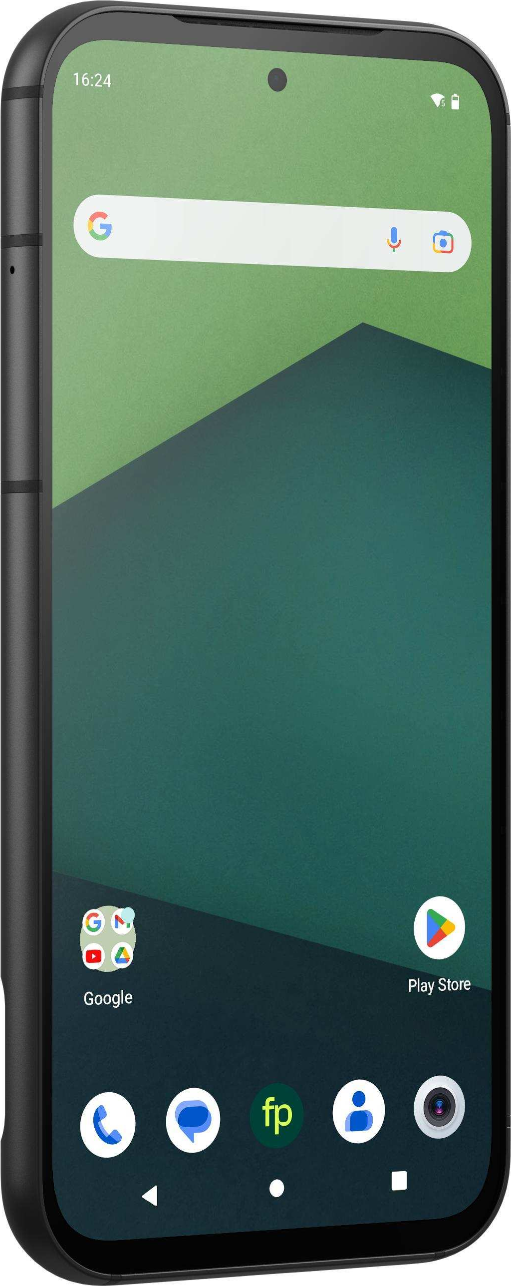 Ein schwarzes Smartphone mit grünem Bildschirm und Symbolen, Seitenansicht.