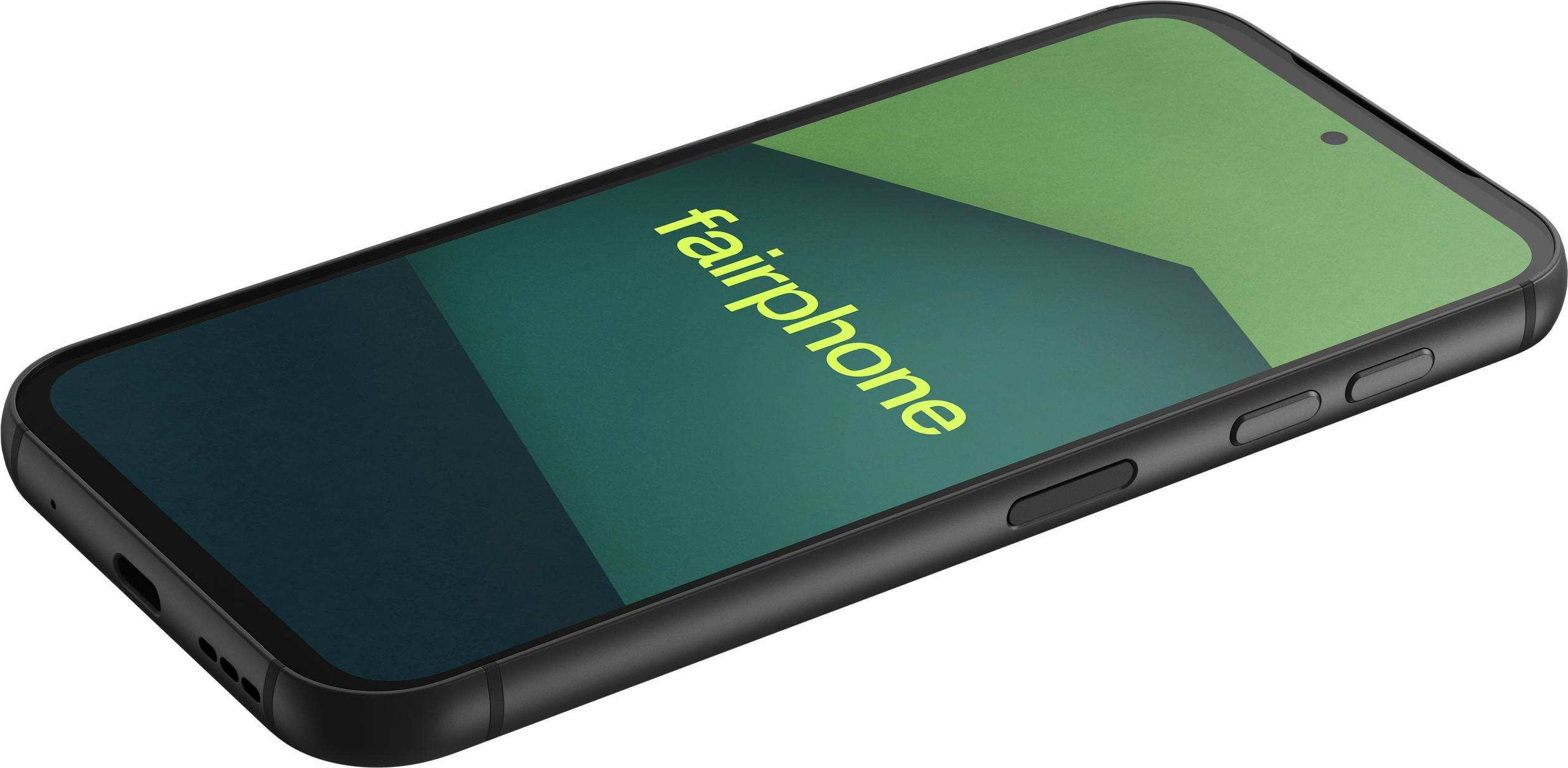 Schwarzes Fairphone-Smartphone. Abgewinkelte Ansicht, die den Bildschirm mit dem Fairphone-Logo zeigt.