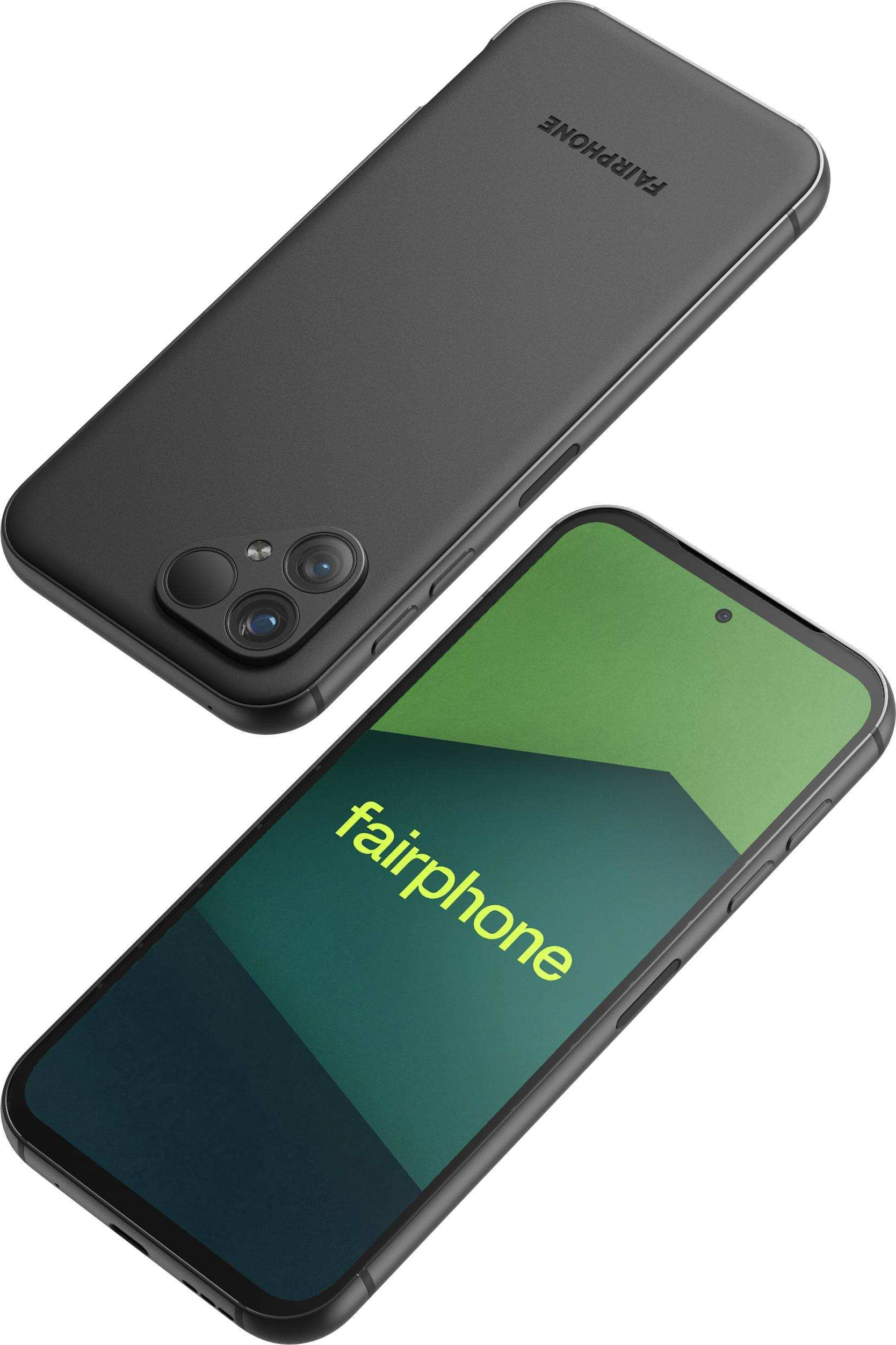Zwei schwarze Telefone, eines zeigt seinen Bildschirm mit Text. Beide Telefone haben drei Kameralinsen.