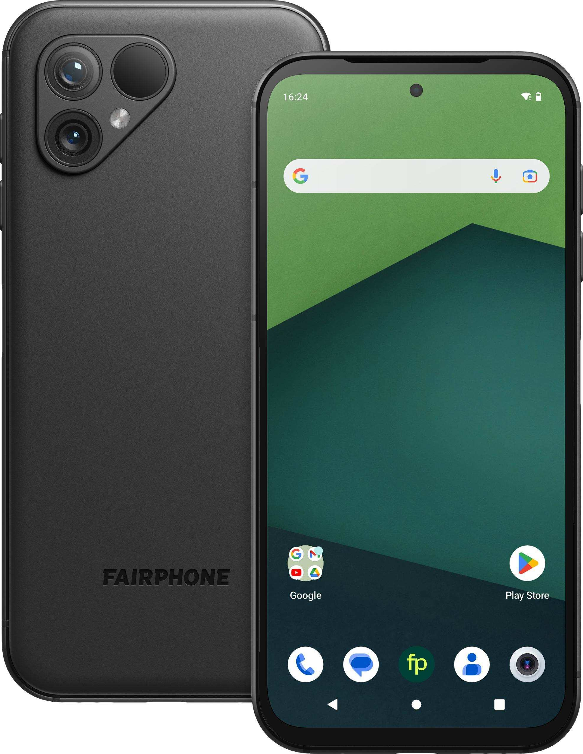 Ein Fairphone-Smartphone in Schwarz, das sowohl die Vorder- als auch die Rückseite zeigt, mit Google-Logo.