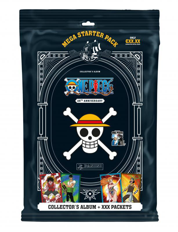 One Piece Mega Starter Pack. Piratenschädel mit Karten. Die Packung ist meist schwarz.