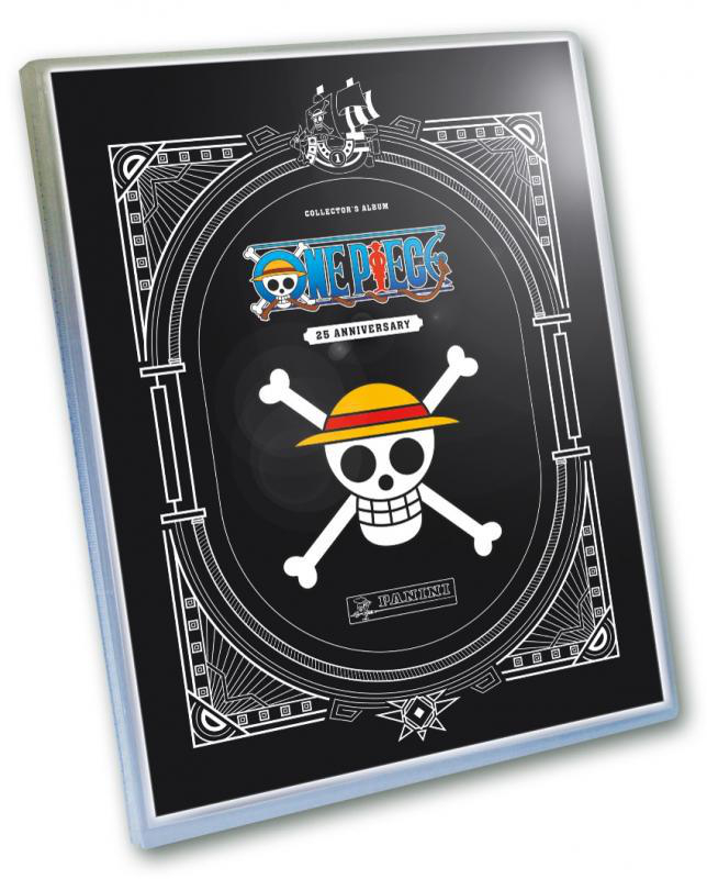 One Piece Manga-Sammleralbum-Cover. Zeigt einen Totenkopf mit Strohhut auf schwarzem Hintergrund.