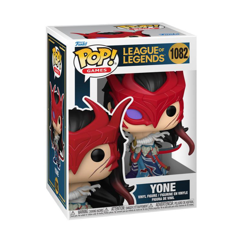 Funko Pop-Figurbox: eine League of Legends Yone-Figur mit roten und blauen Farben.