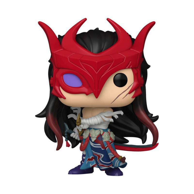 Funko Pop Figur einer Figur mit roter Maske und langem Haar, die eine Waffe hält. Weißer Hintergrund.