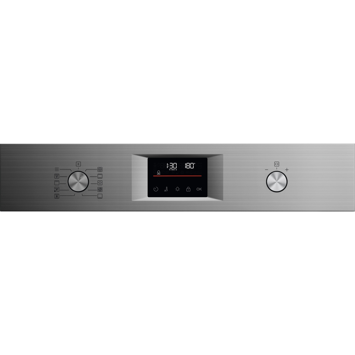 Stainless steel oven control panel with a digital display and two control knobs.