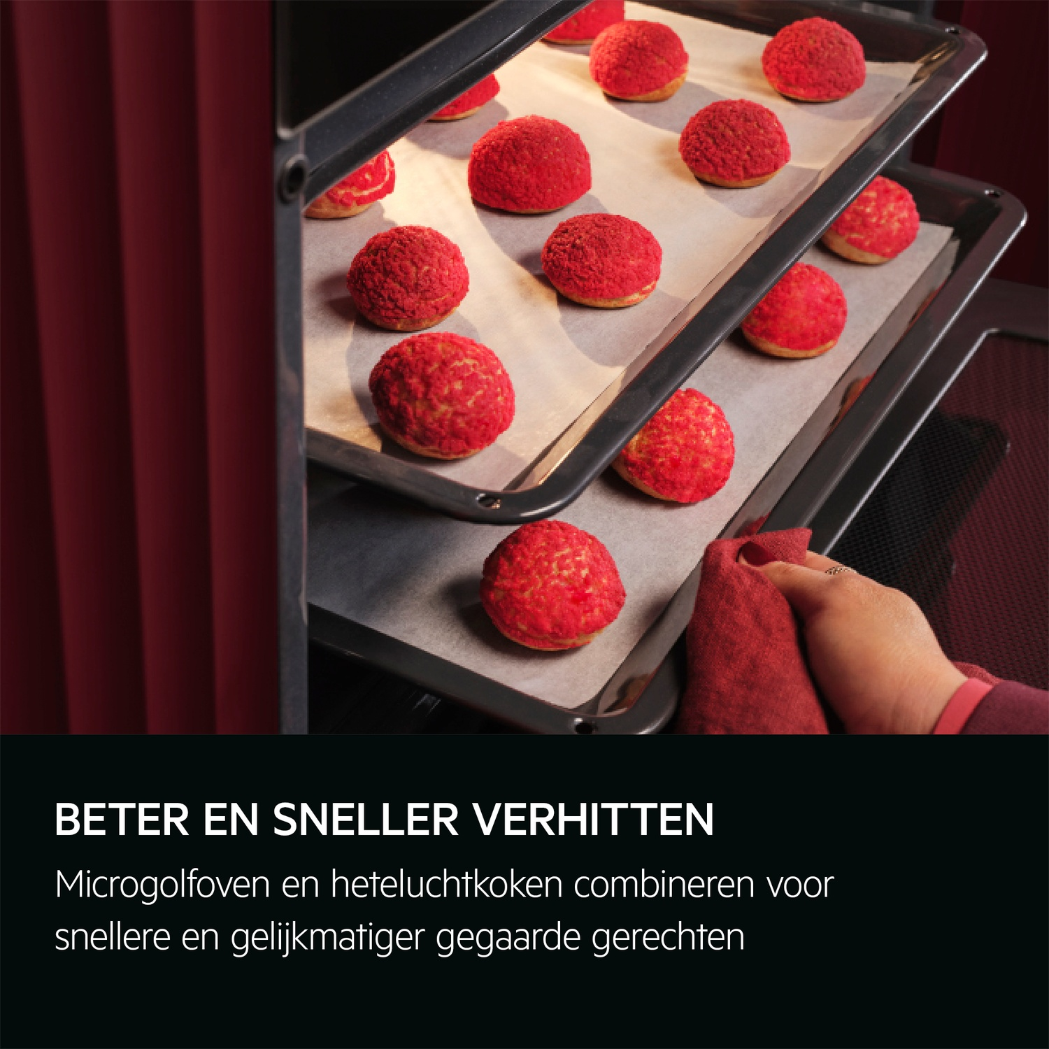 Oven with red pastries on trays, text about faster heating.