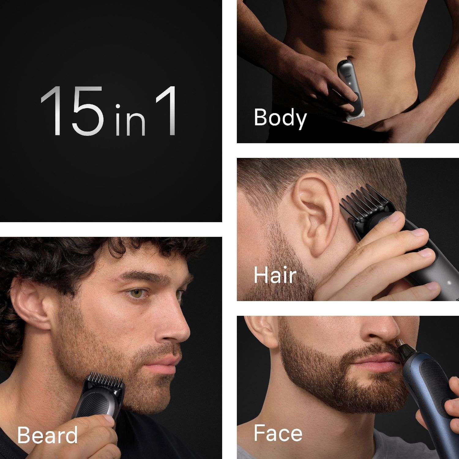 Collage de personnes utilisant une tondeuse à barbe noire.