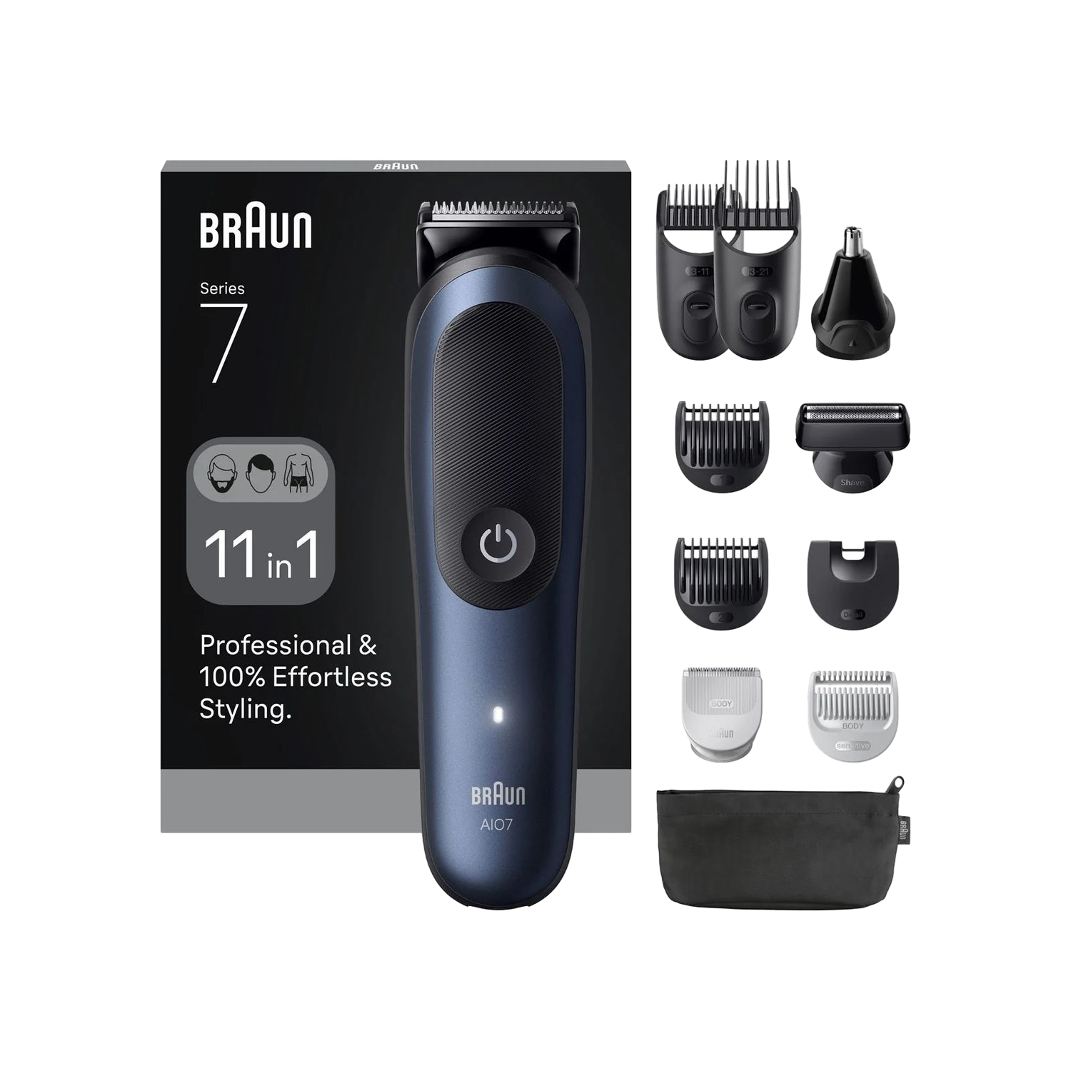 Braun Series 7 heren verzorgingsset. Inclusief een trimmer, opzetstukken en een zwart zakje, alles op een zwarte achtergrond.