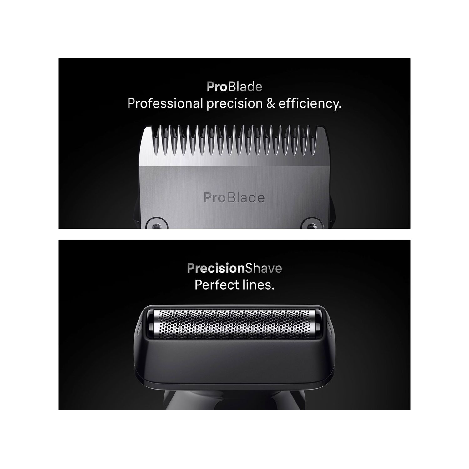 Deux images en gros plan : une de la tête de rasage et l'autre des lames, avec les textes 'ProBlade' et 'PrecisionShave'.