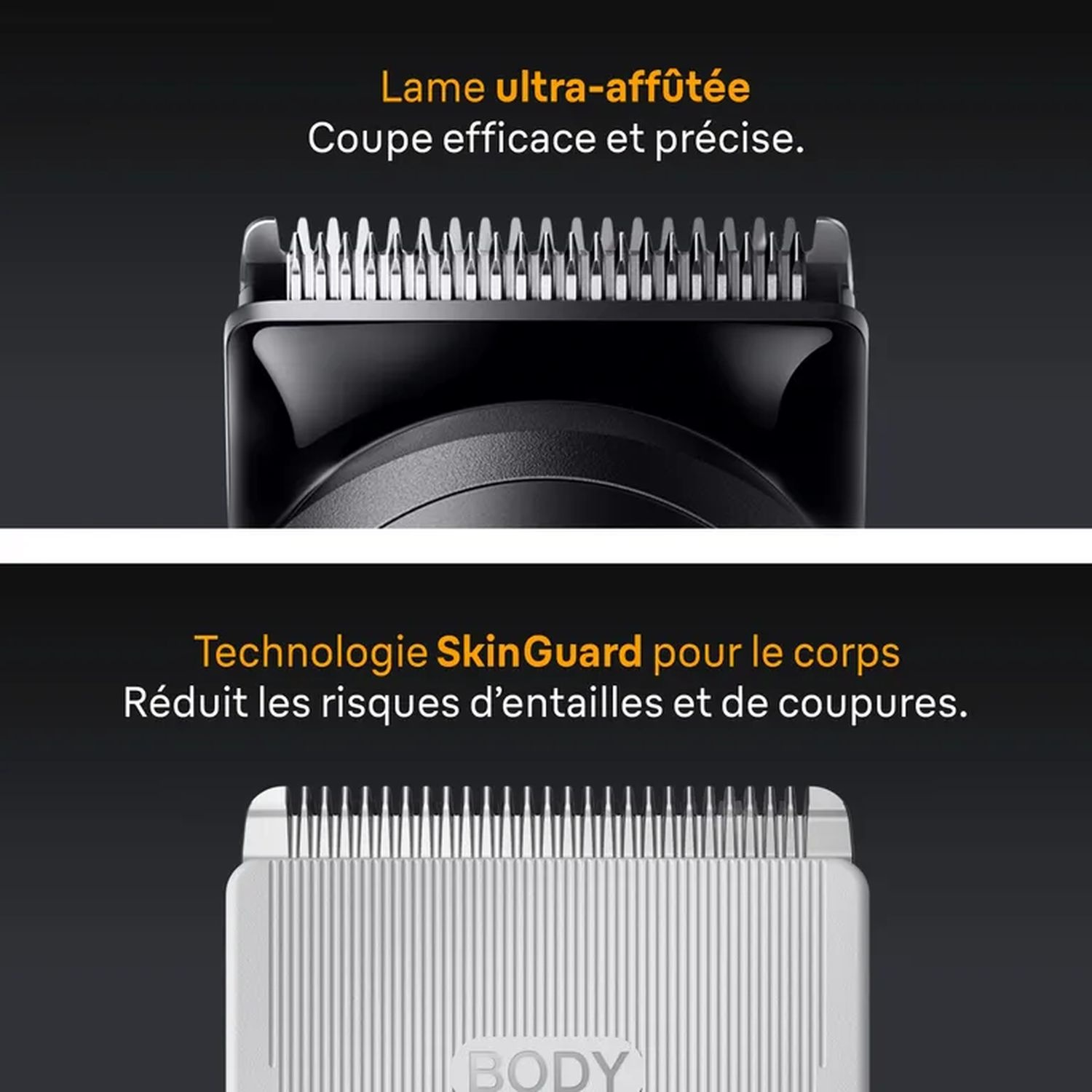 Gros plan sur une lame de rasoir. Texte : Lame ultra-affûtée, coupe efficace et précise. Fond noir.