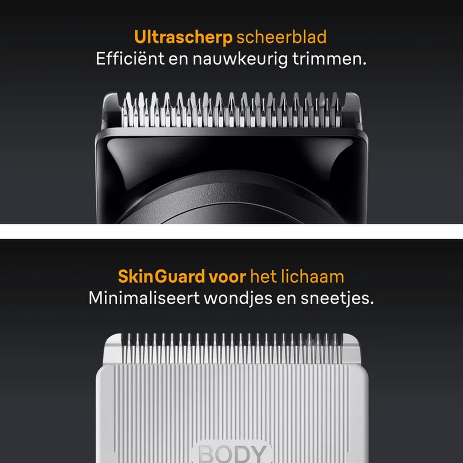 Close-up of two shaver heads. One with sharp blades, the other with a skin guard.