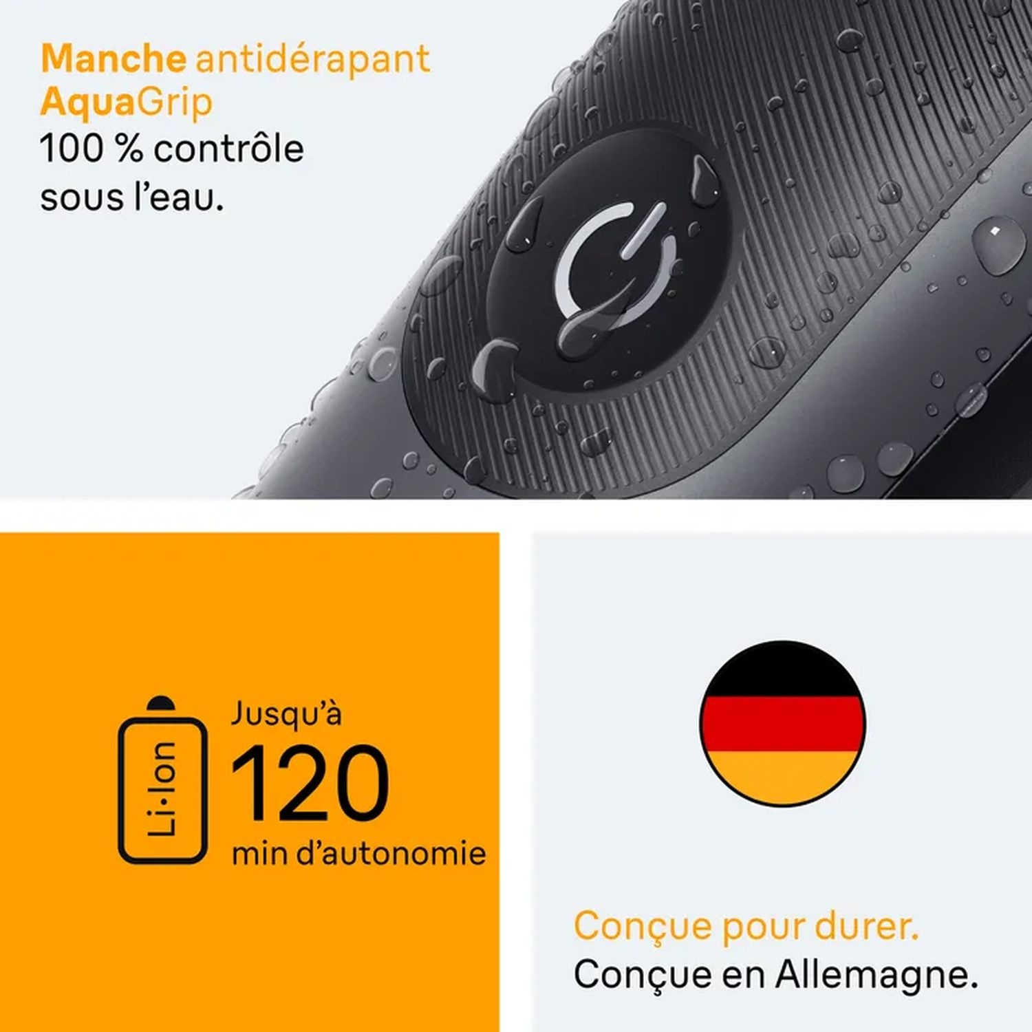 Gros plan sur un rasoir électrique noir et gris avec des gouttelettes d'eau, montrant le bouton d'alimentation et AquaGrip.