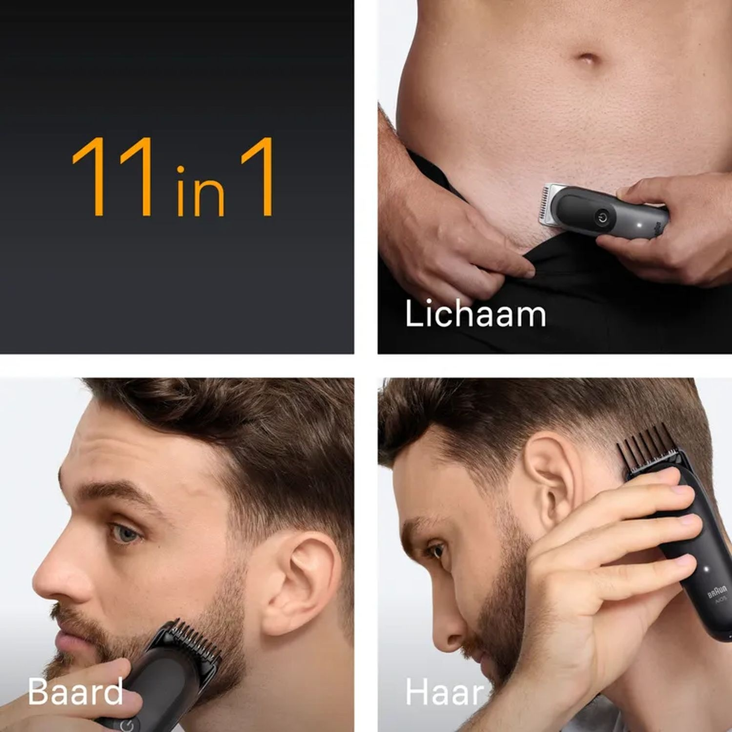 A collage of images showing a man shaving his body, beard, and hair.