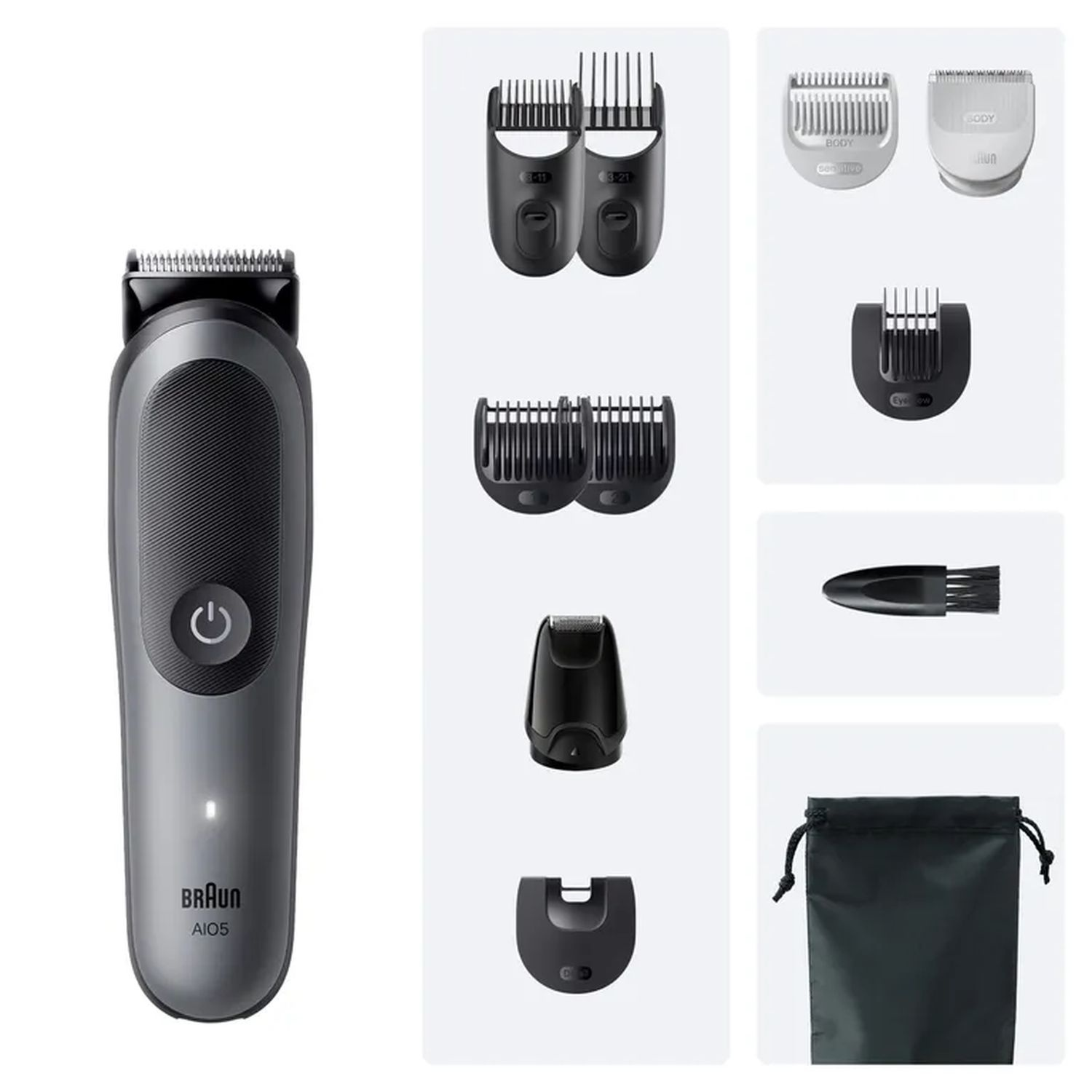A Braun trimmer and various attachments. Included are combs, a trimmer head, and a cleaning brush.