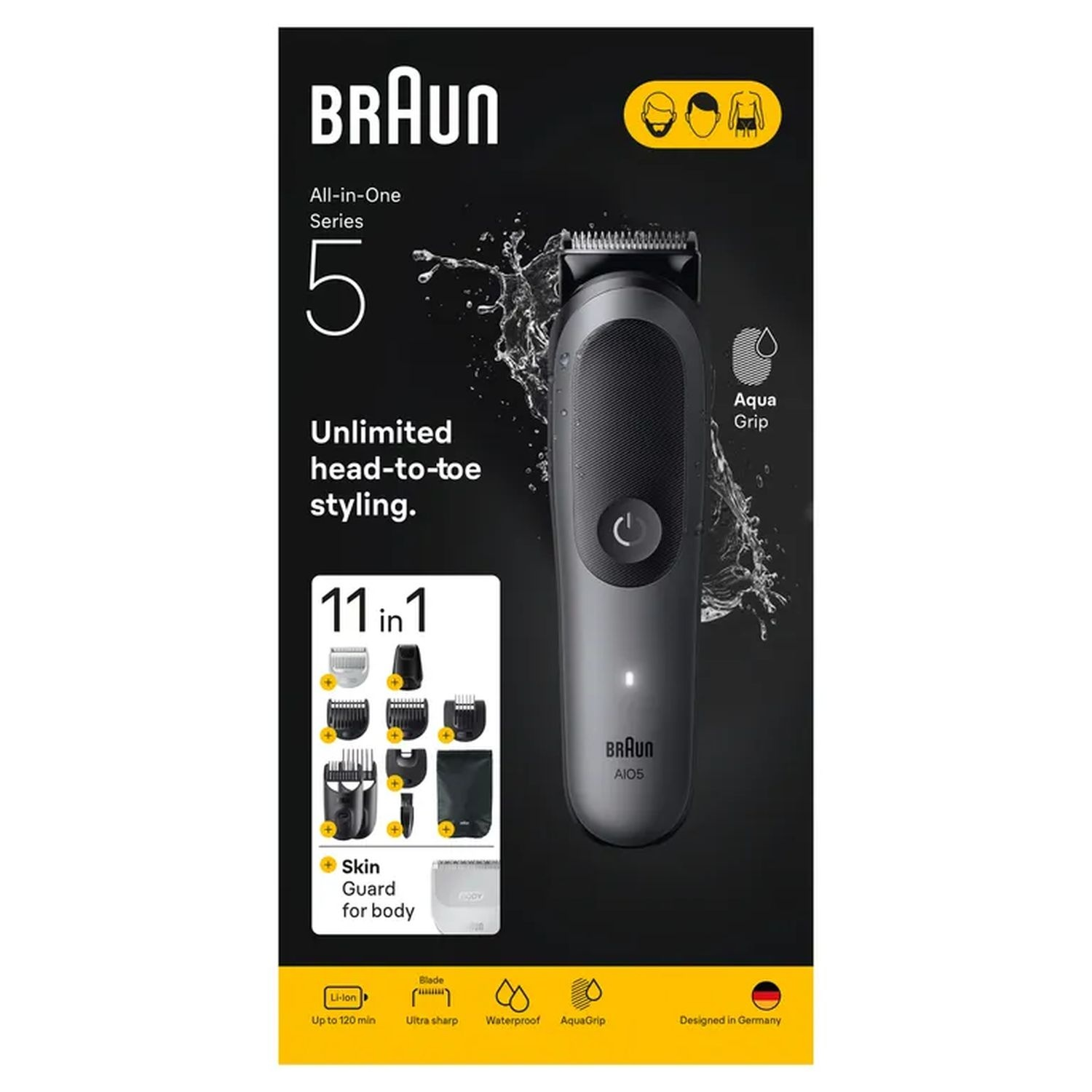 Braun All-in-One Series 5 trimmer with accessories. Text reads: Unlimited head-to-toe styling. White background.