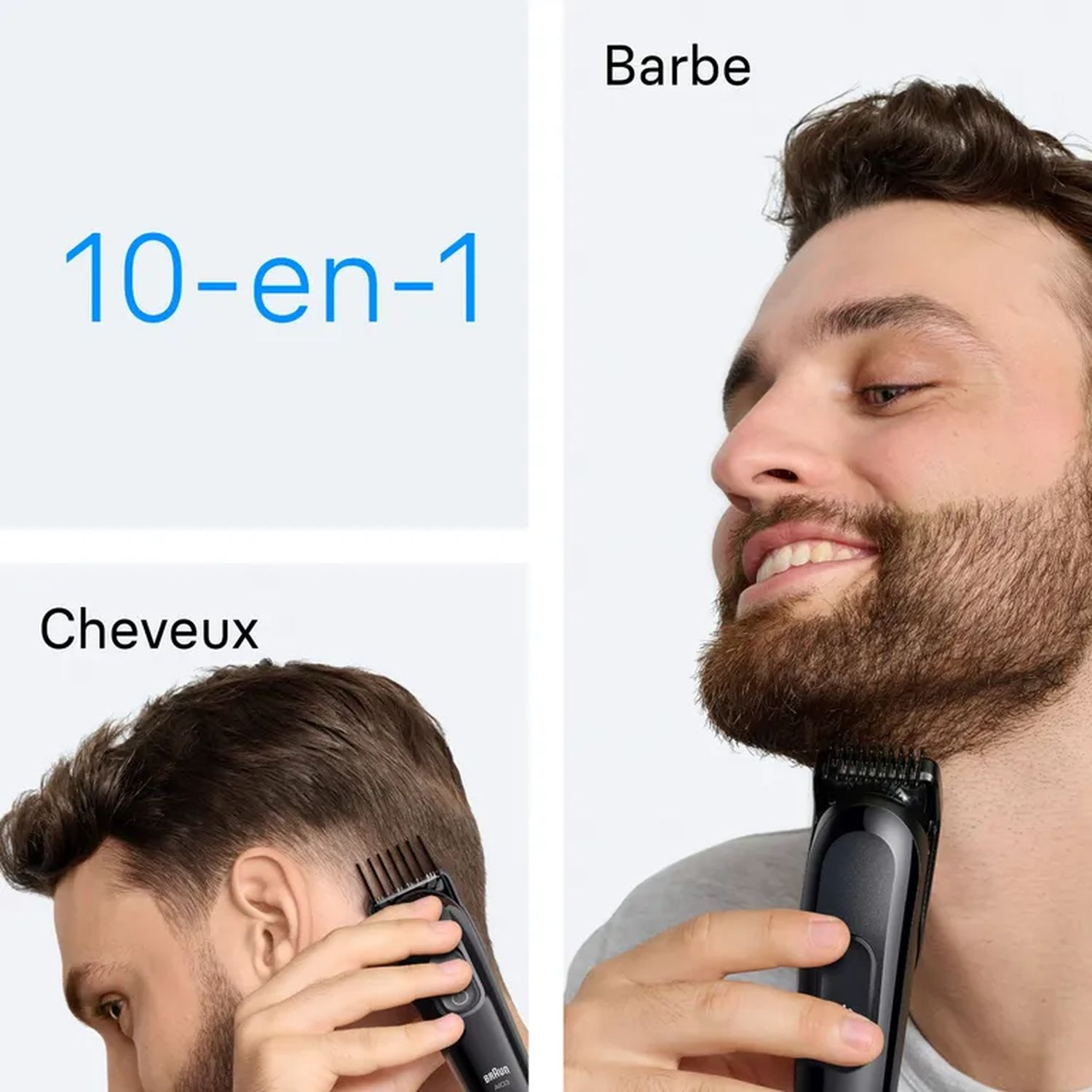 Homme utilisant une tondeuse sur sa barbe et sa tête. Texte : 10-en-1, Cheveux, Barbe. Fond blanc.
