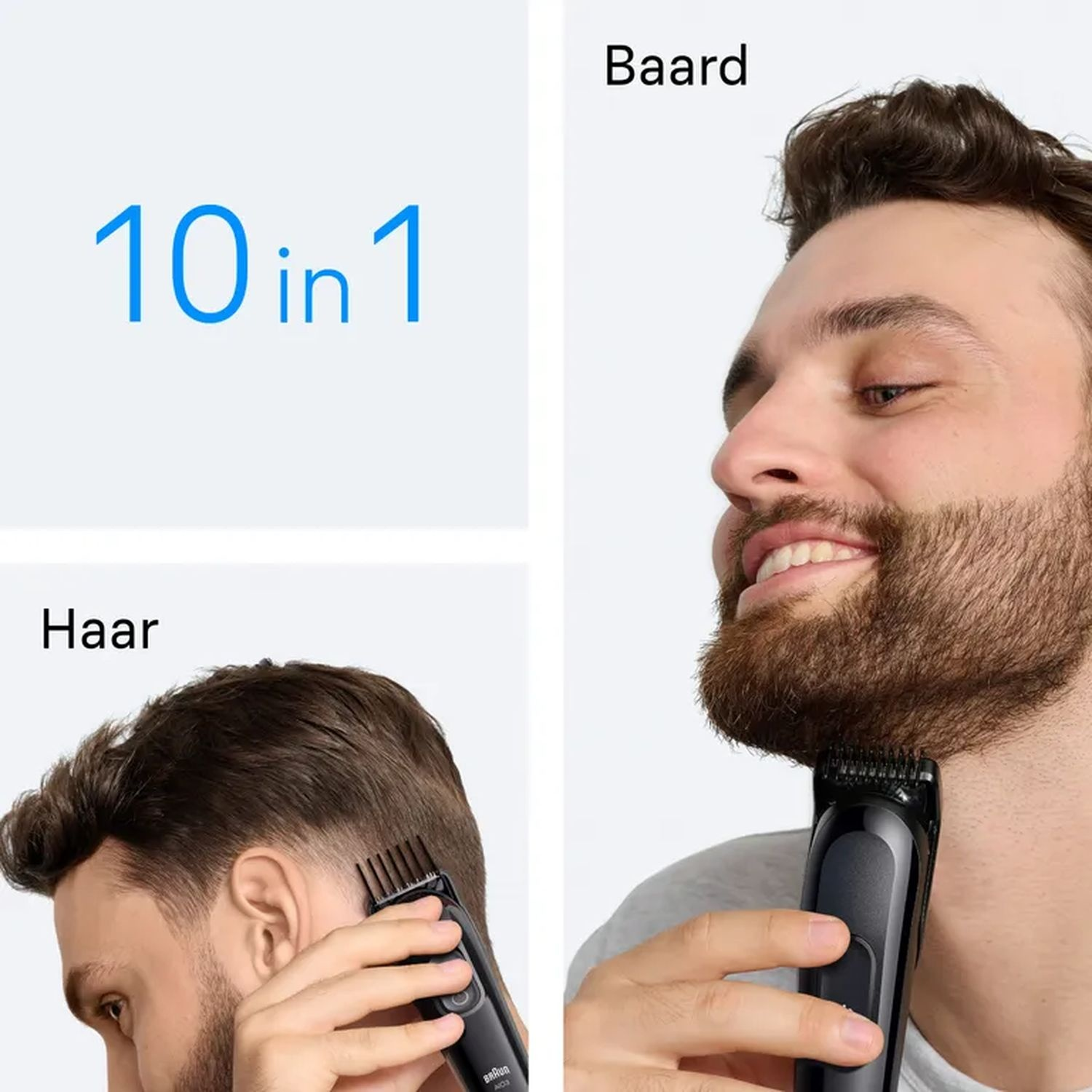 A man using a beard trimmer, with text '10 in 1'.