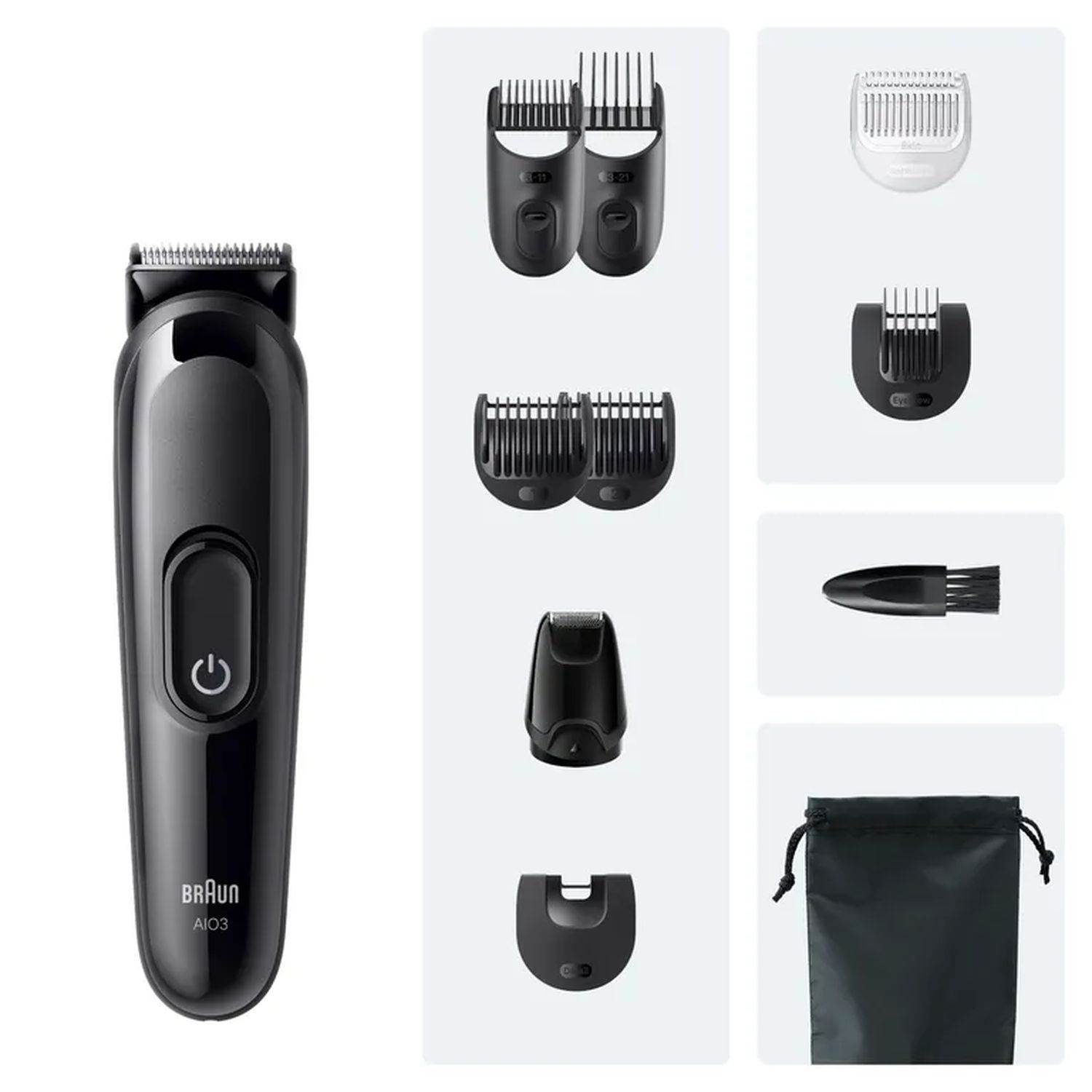 Black Braun beard trimmer with accessories. Includes combs, a cleaning brush, and a storage bag.