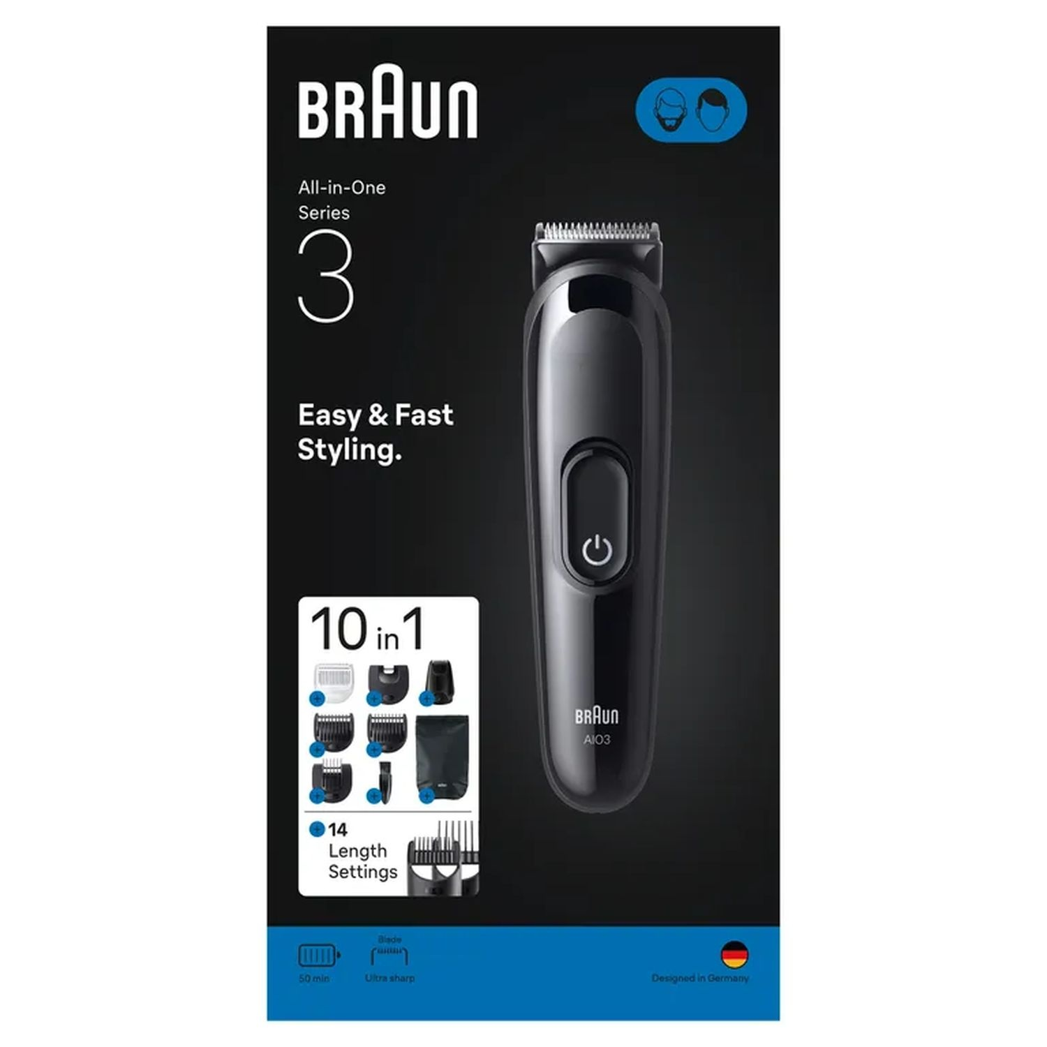 Black Braun Series 3 beard trimmer on a white background. Packaging indicates multiple attachments.