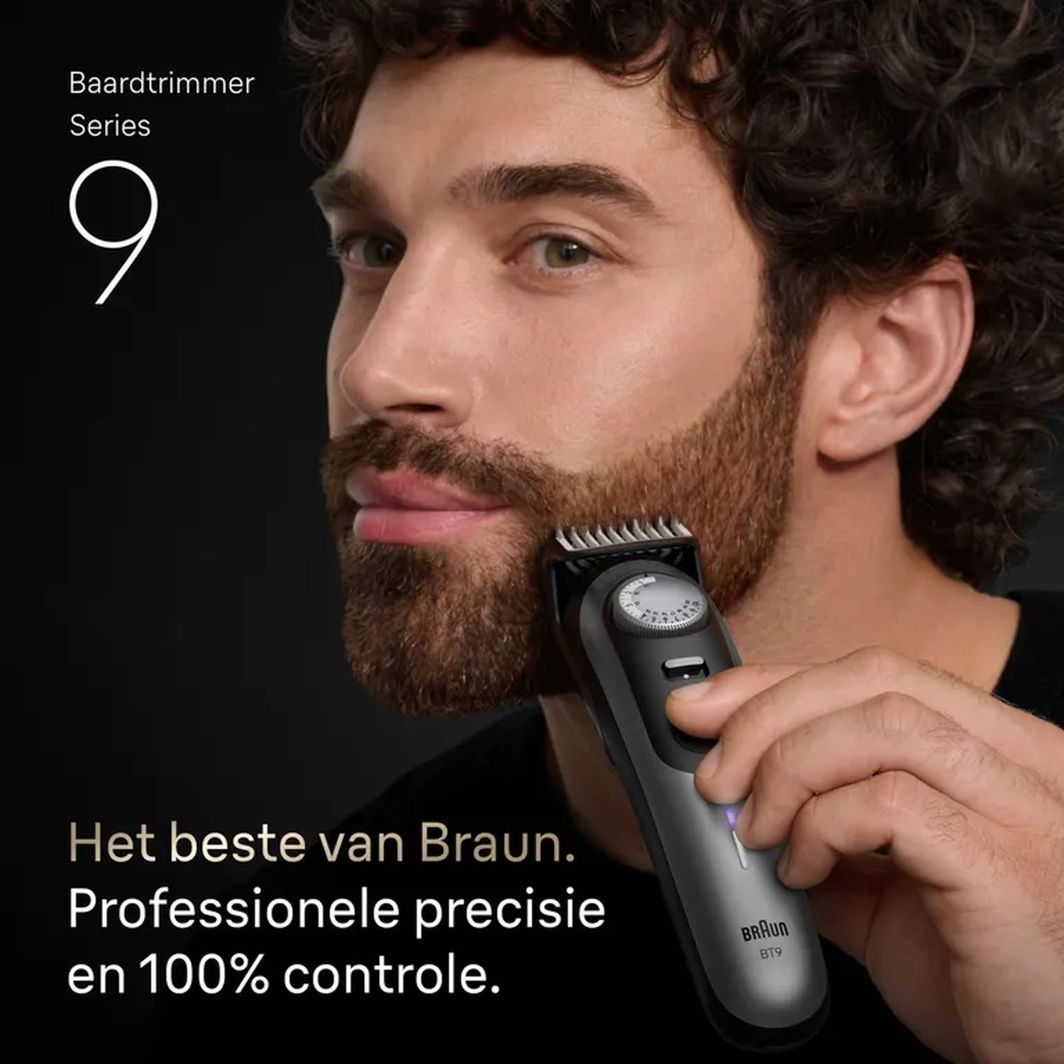 Man trimming his beard with a black beard trimmer, text.