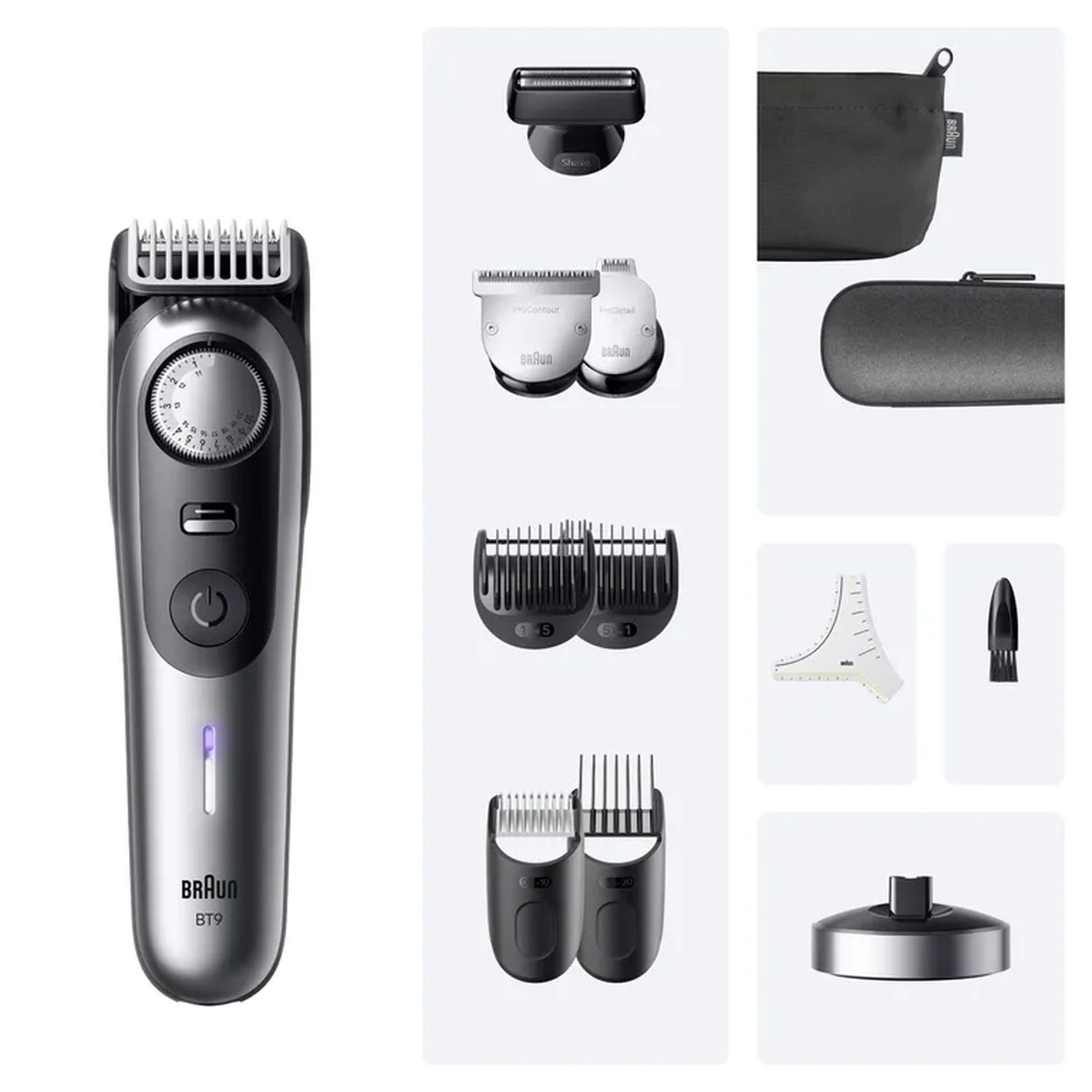 Braun BT9 trimmer with accessories shown. Silver and black design. Various comb attachments are visible.