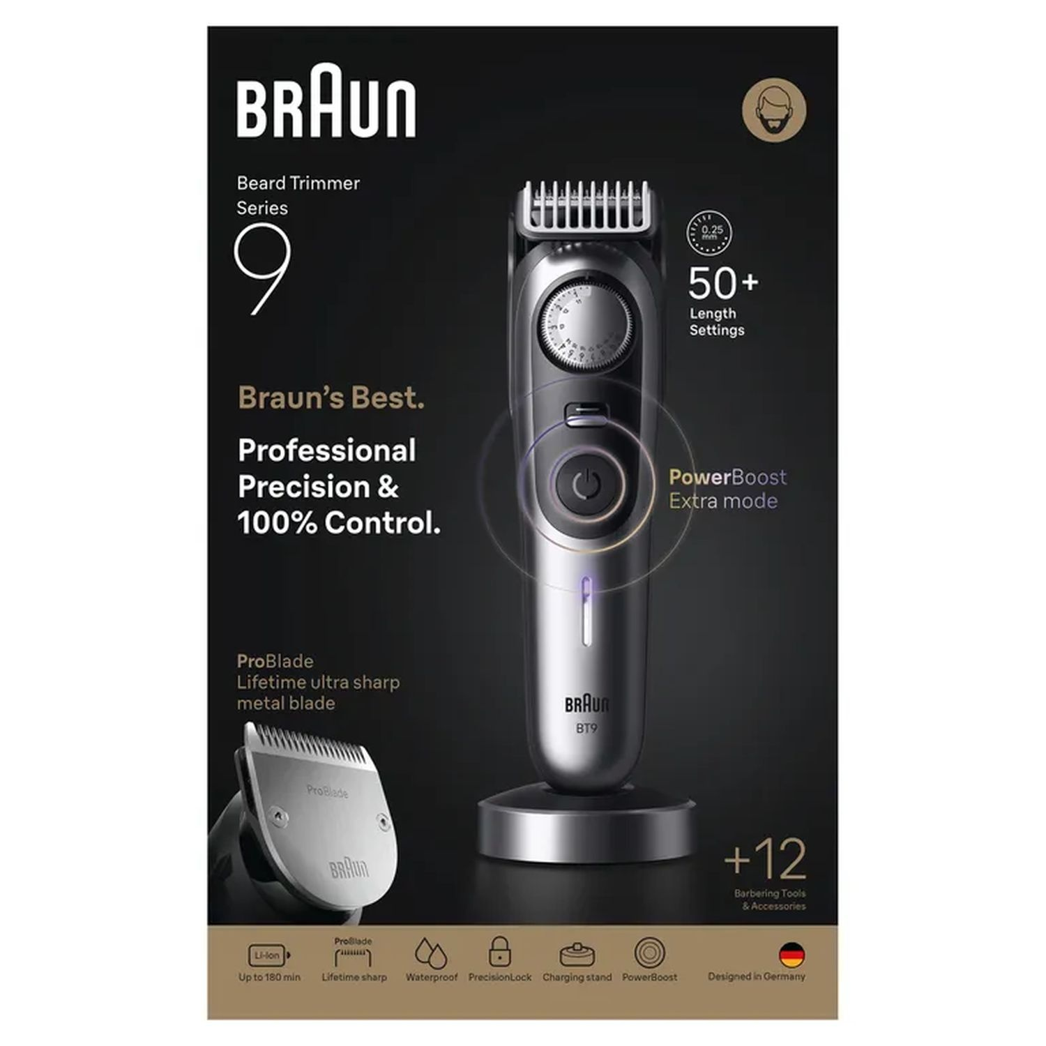 Braun Series 9 beard trimmer with text and features highlighted. 