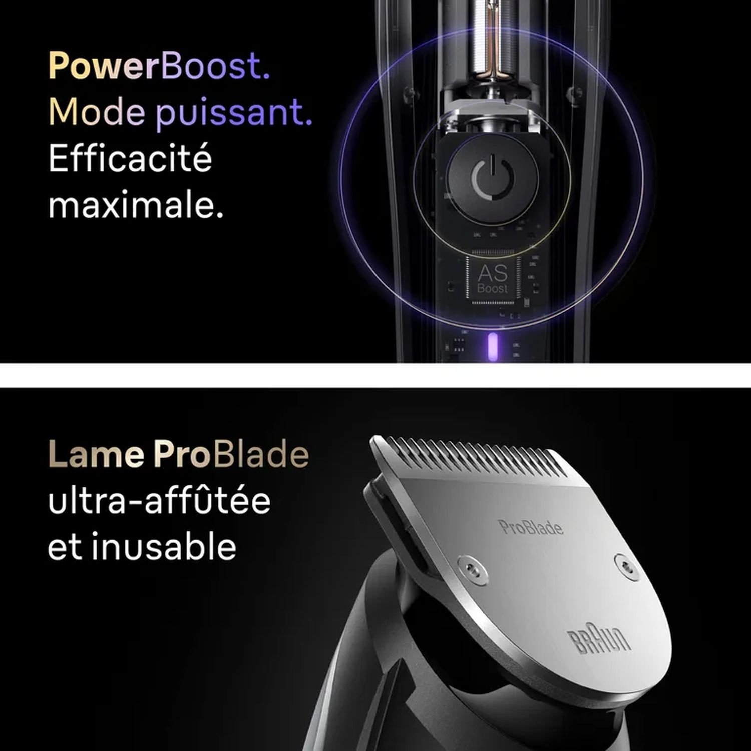 L'image montre du texte sur PowerBoost et ProBlade d'une tondeuse.