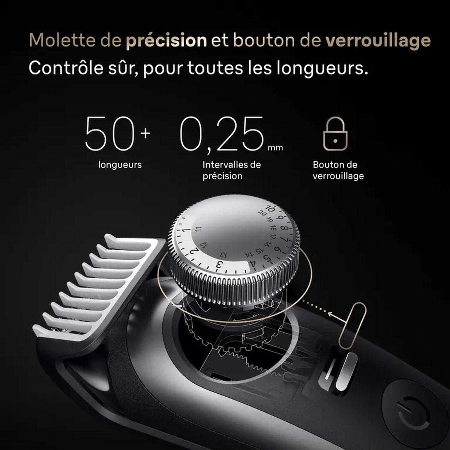 Gros plan d'un appareil de toilettage avec une molette argentée. Les réglages sont marqués sur la molette.