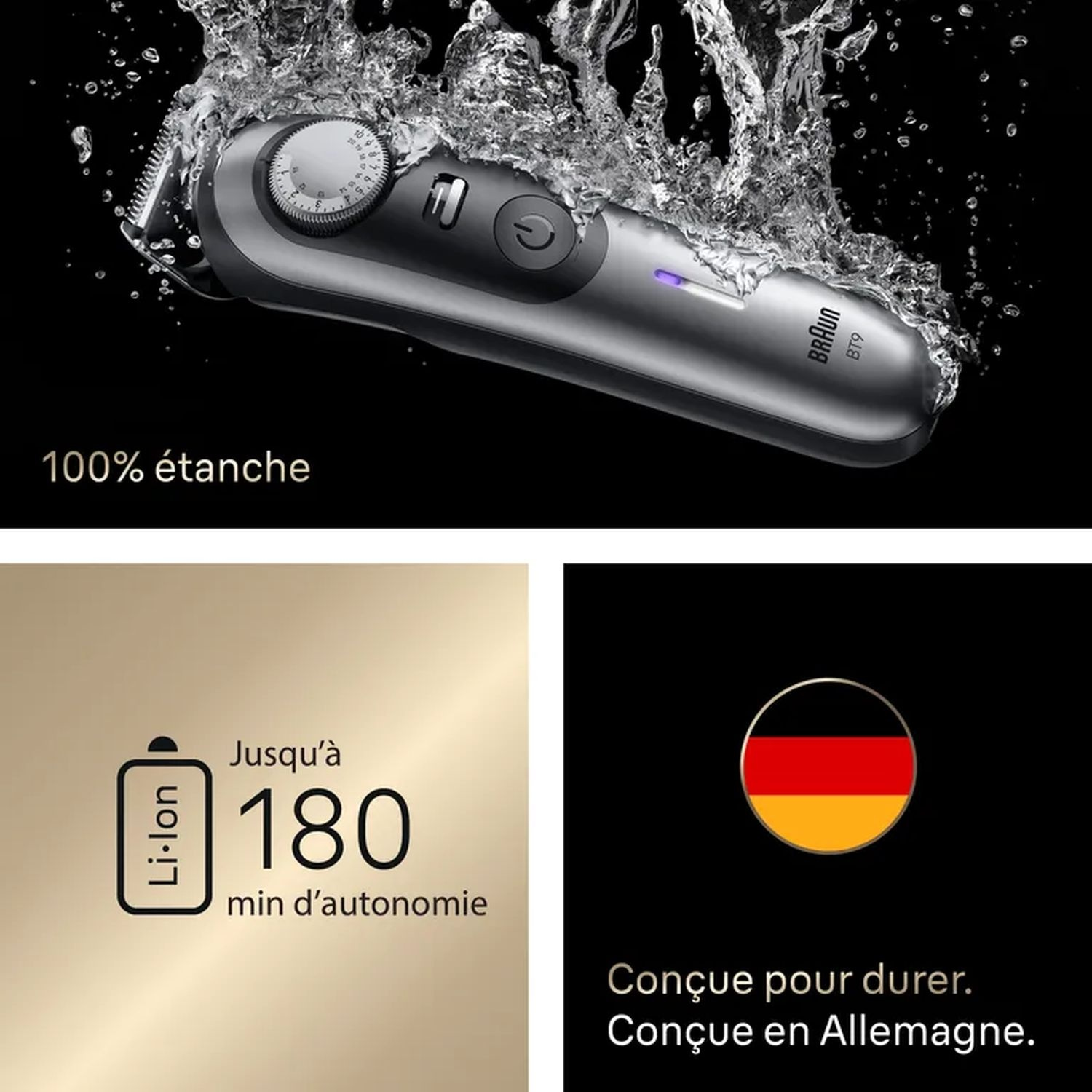 Rasoir argenté avec éclaboussures d'eau, texte : 100% étanche, et icône de batterie.