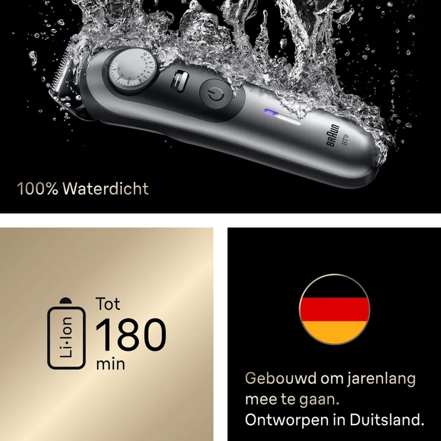 A Braun shaver, with water splash, and text about being waterproof, battery life, and German design.