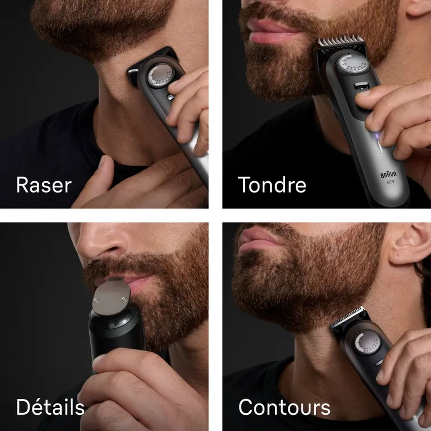 Quatre images montrant différentes étapes de rasage avec une tondeuse. Un homme barbu.