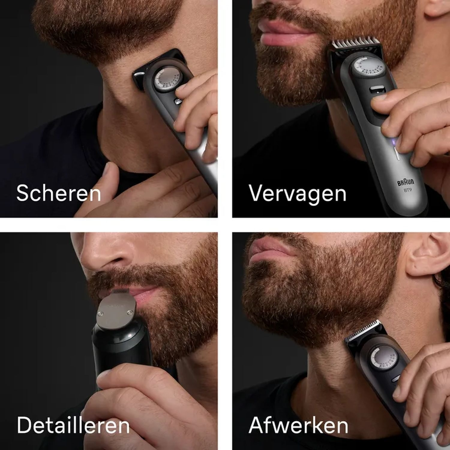 Four images showing Braun shaver in use on a man's face, with text labels: Scheren, Vervagen, Detailleren, Afwerken.