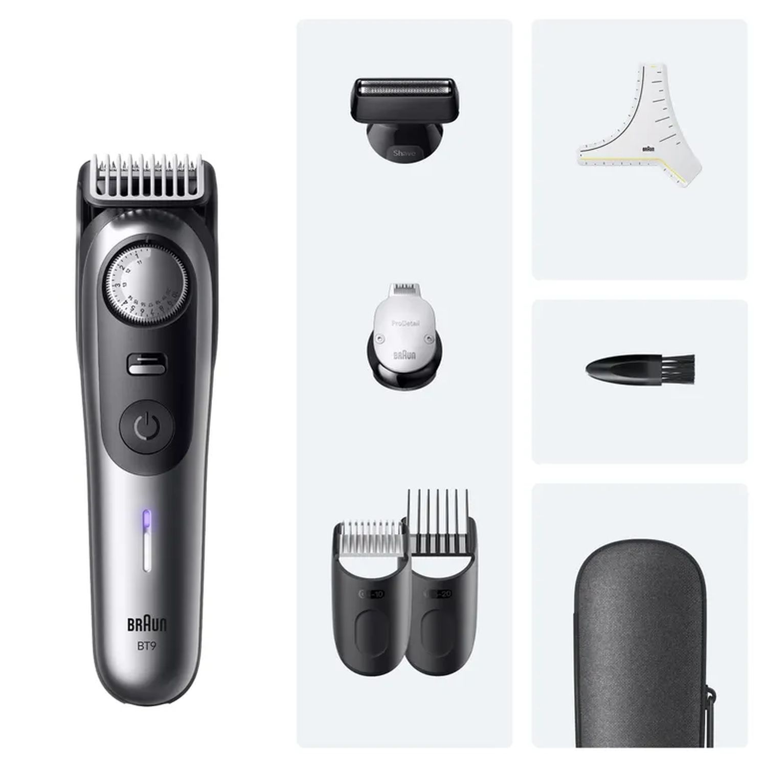 Electric shaver with attachments. Includes trimmer head, cleaning brush, and travel case.